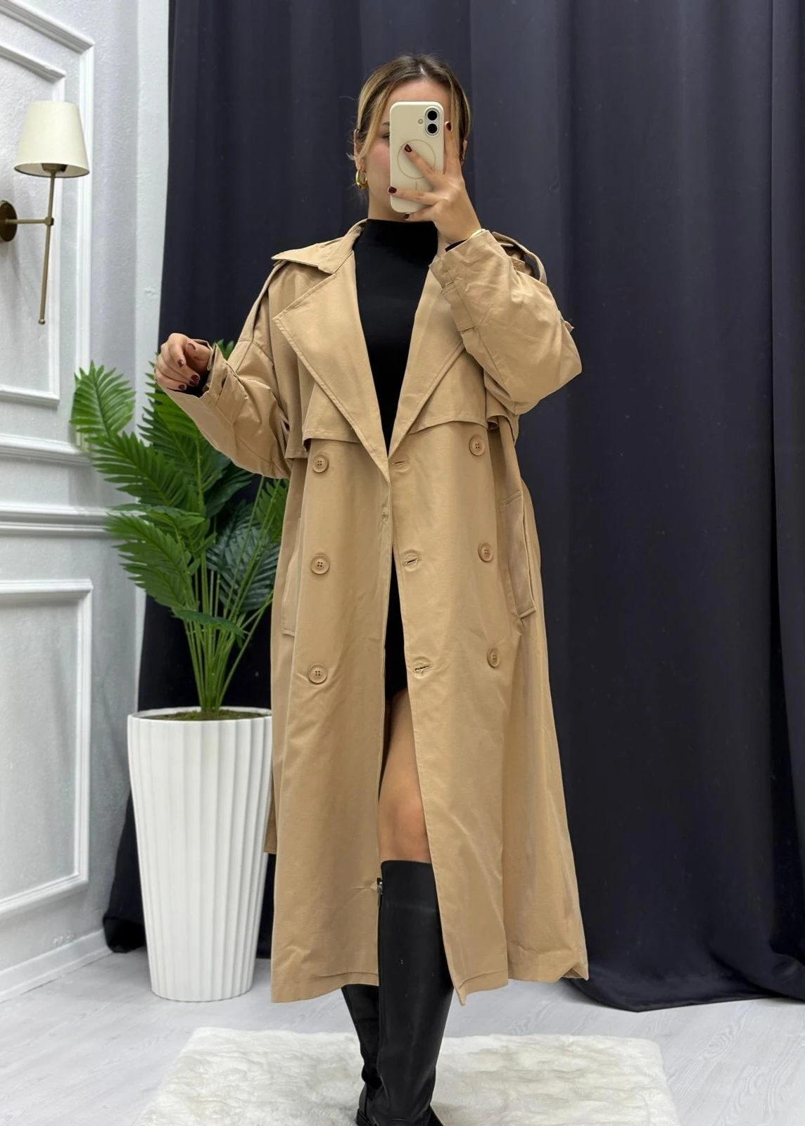 Bel Kuşaklı İç Astarlı Trençkot - VİZON