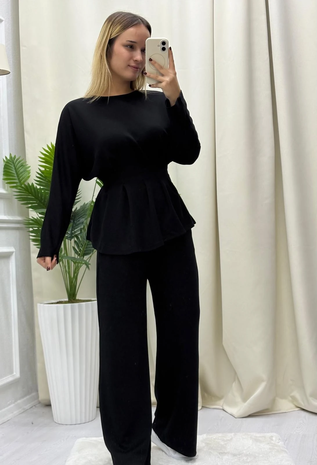 Pileli Kuşak Detaylı Salaş Takım - SİYAH