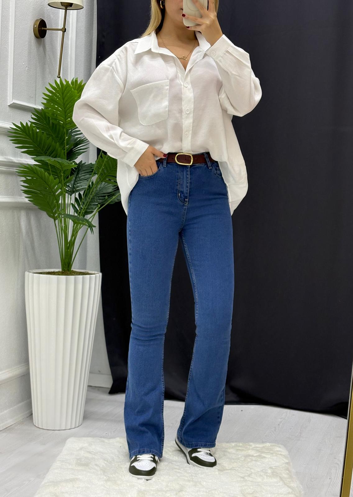 İspanyol Paça Likralı Jean Pantolon - KOYU MAVİ