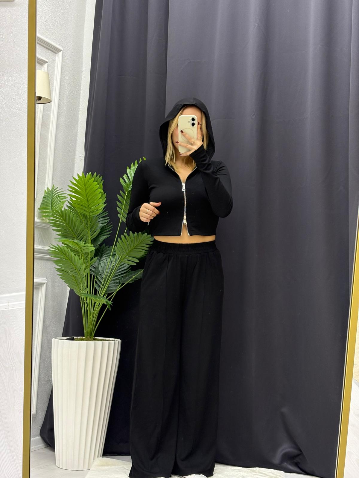 Parmak Geçmeli Kapüşonlu İkili Takım - SİYAH