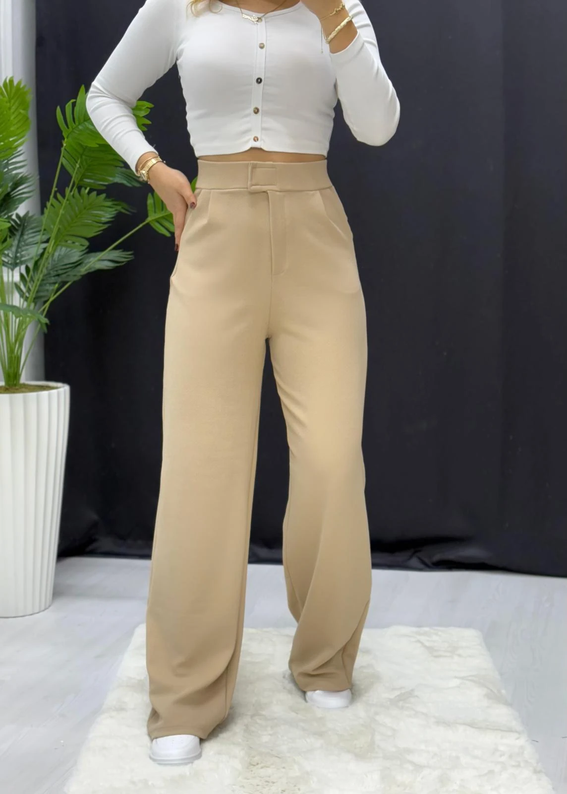 Krep Kumaş Cırtlı Palazzo Pantolon - BEJ