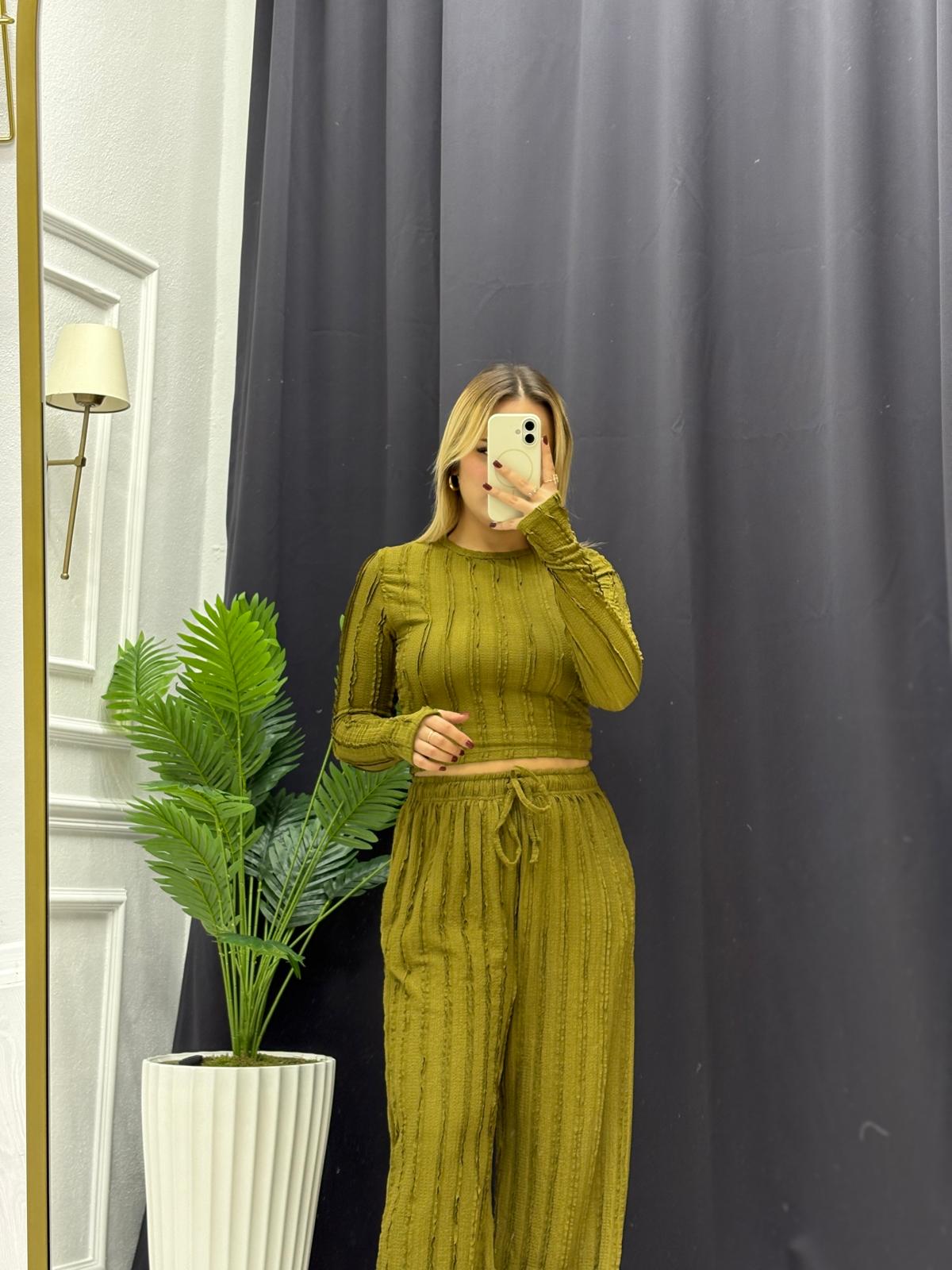 Parmak Geçmeli Gofre İkili Takım - YAĞ YEŞİLİ