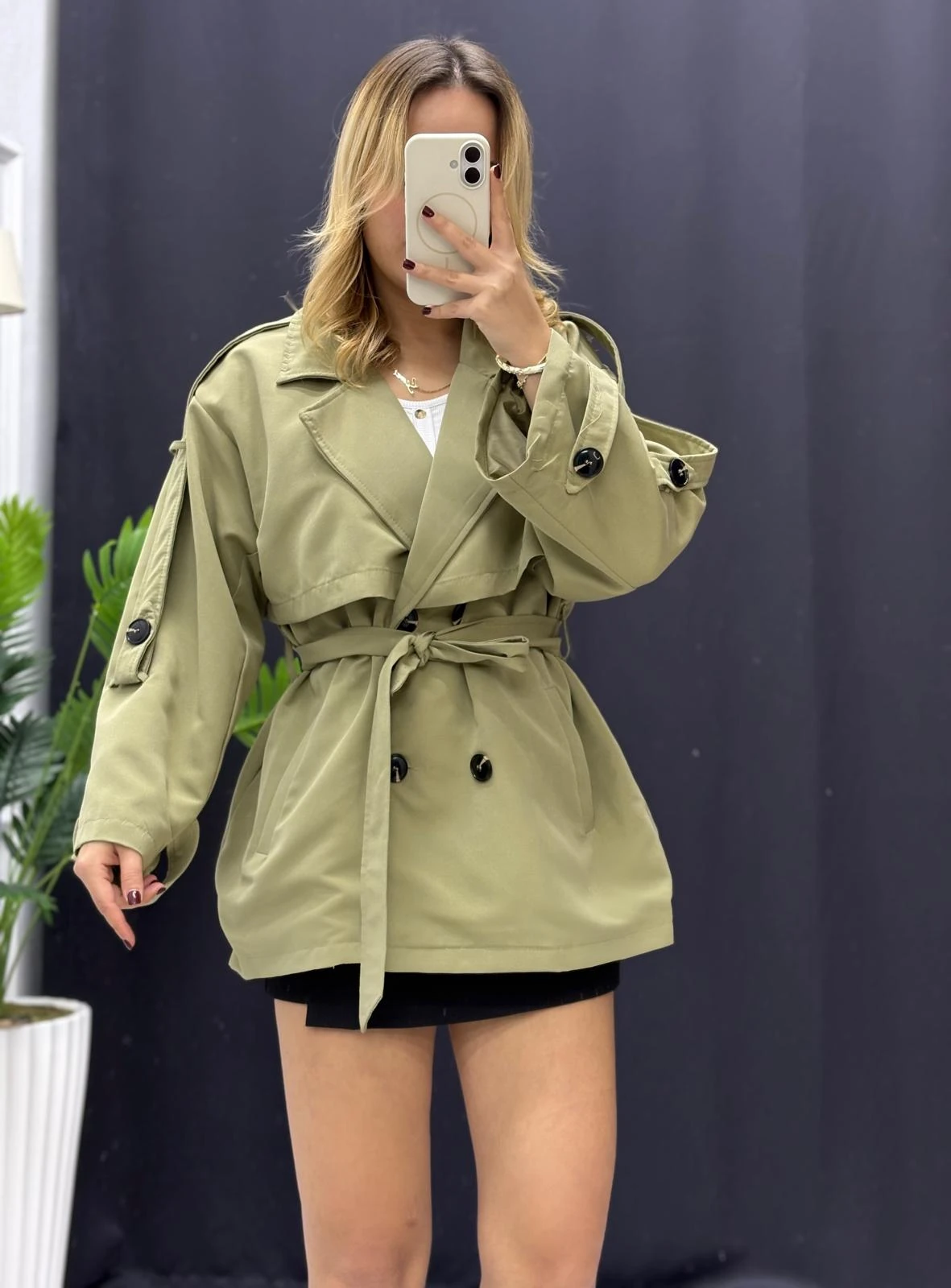 Bel Kuşaklı Düğme Detay İç Astarlı Oversize Trençkot - HAKİ YEŞİLİ