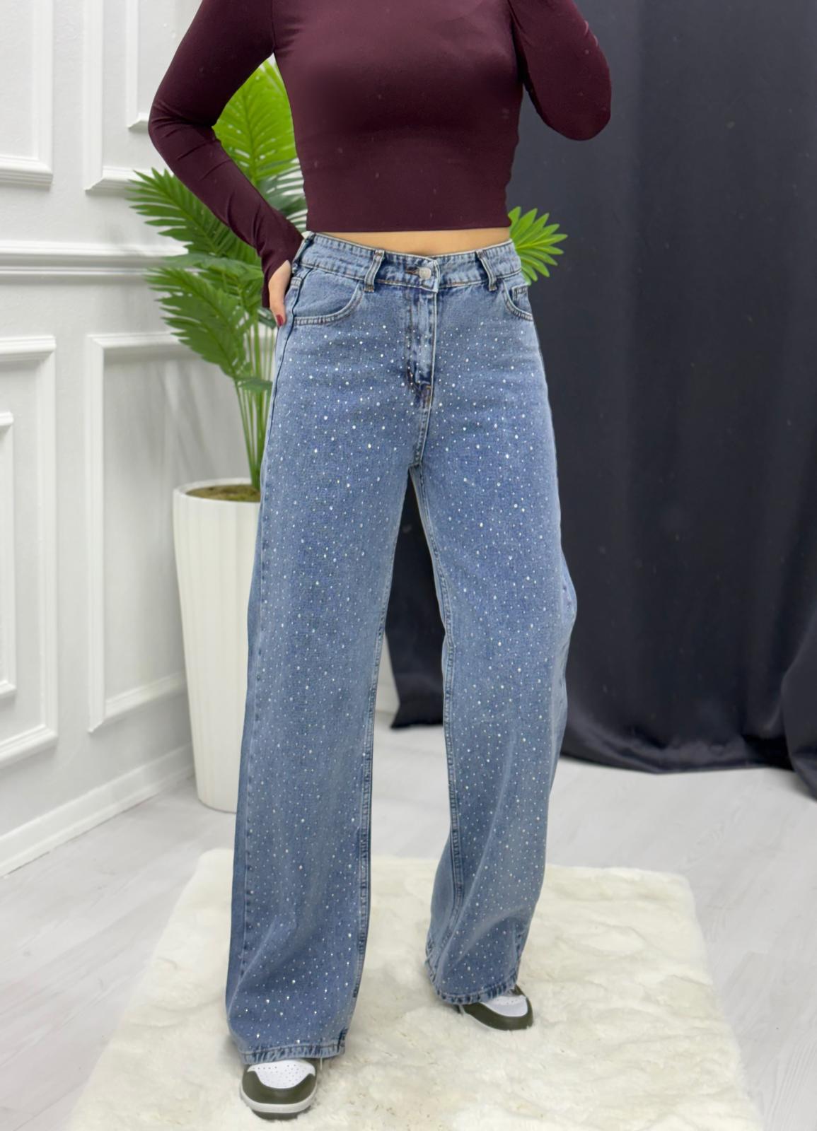 Nokta Taşlı Jean Pantolon - KOYU MAVİ
