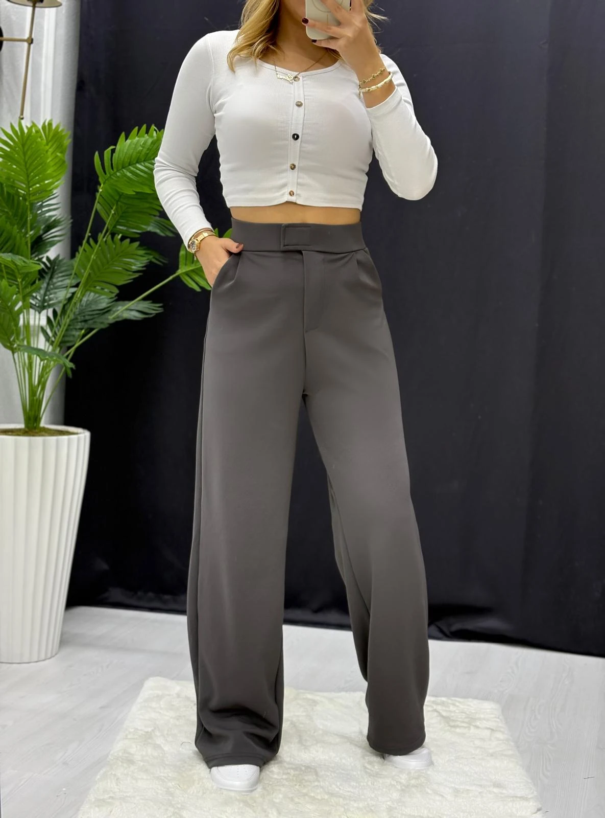 Krep Kumaş Cırtlı Palazzo Pantolon - GRİ