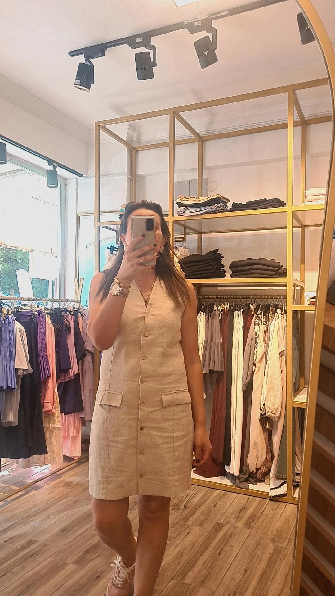 krem rengi keten elbise 