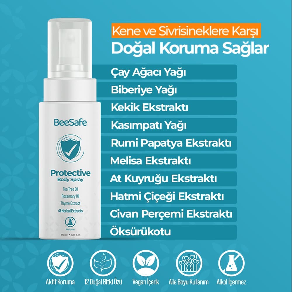 BeeSafe Doğal Kene Ve Sivrisinek Koruyucu Sprey (VEGAN & 12 DOĞAL BİTKİ ÖZÜ) - 100 ml