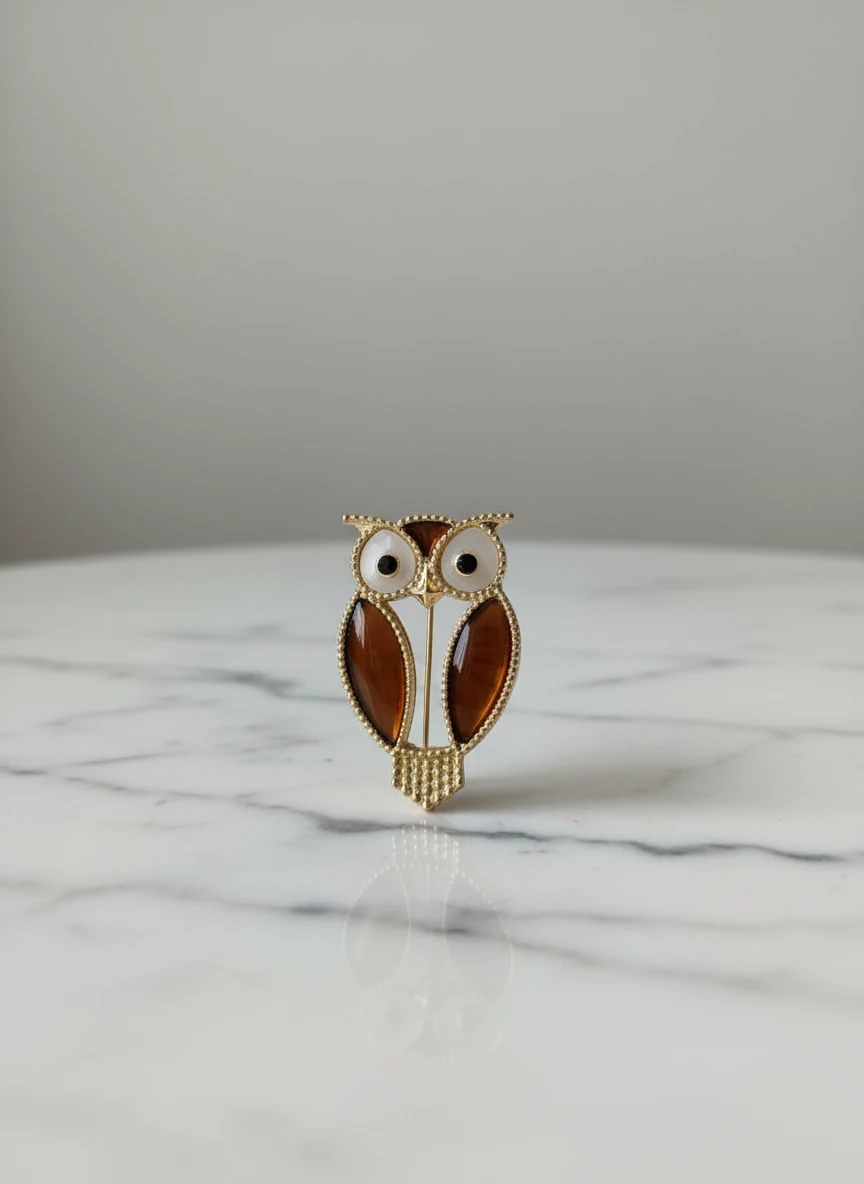 Kahverengi Taş Detaylı Baykuş Figürlü Broş