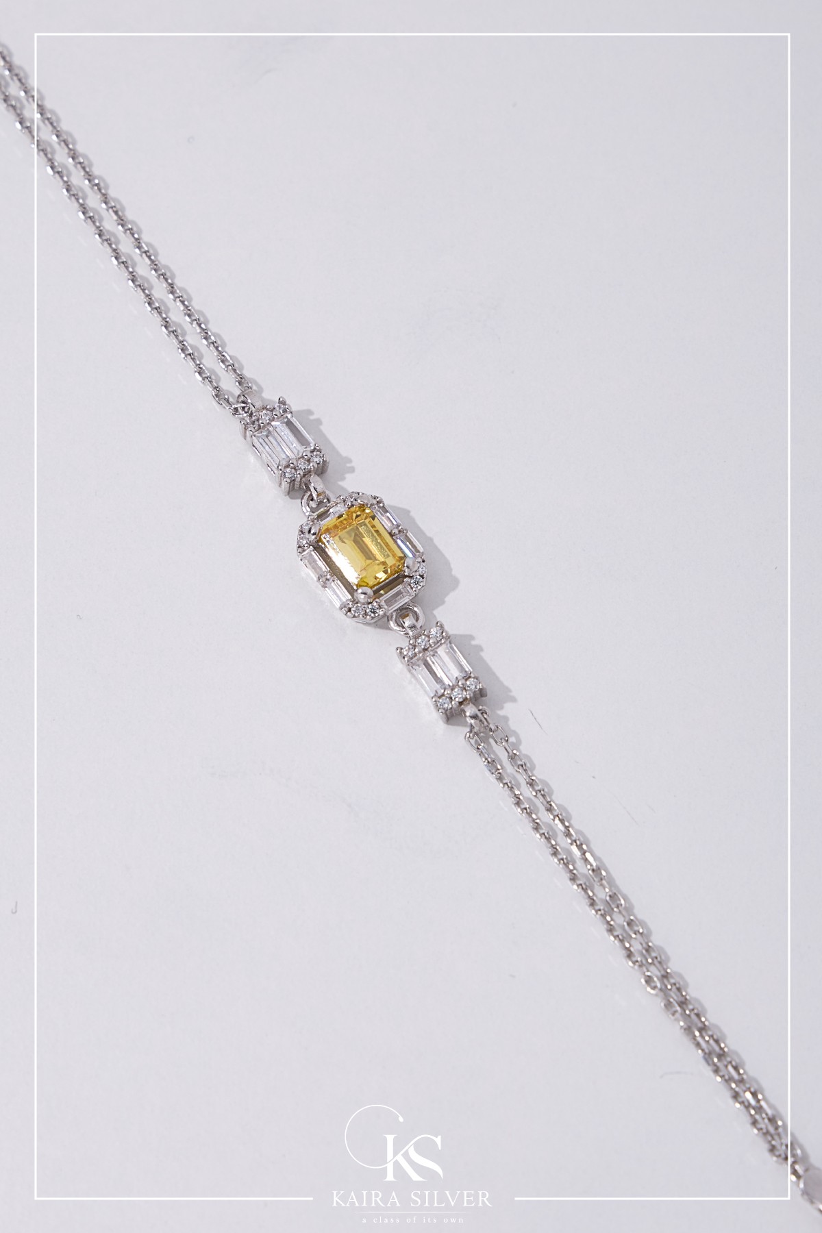 925 Sterling Silver Bracelet with Baguette String Stone and Yellow Stone Bracelet