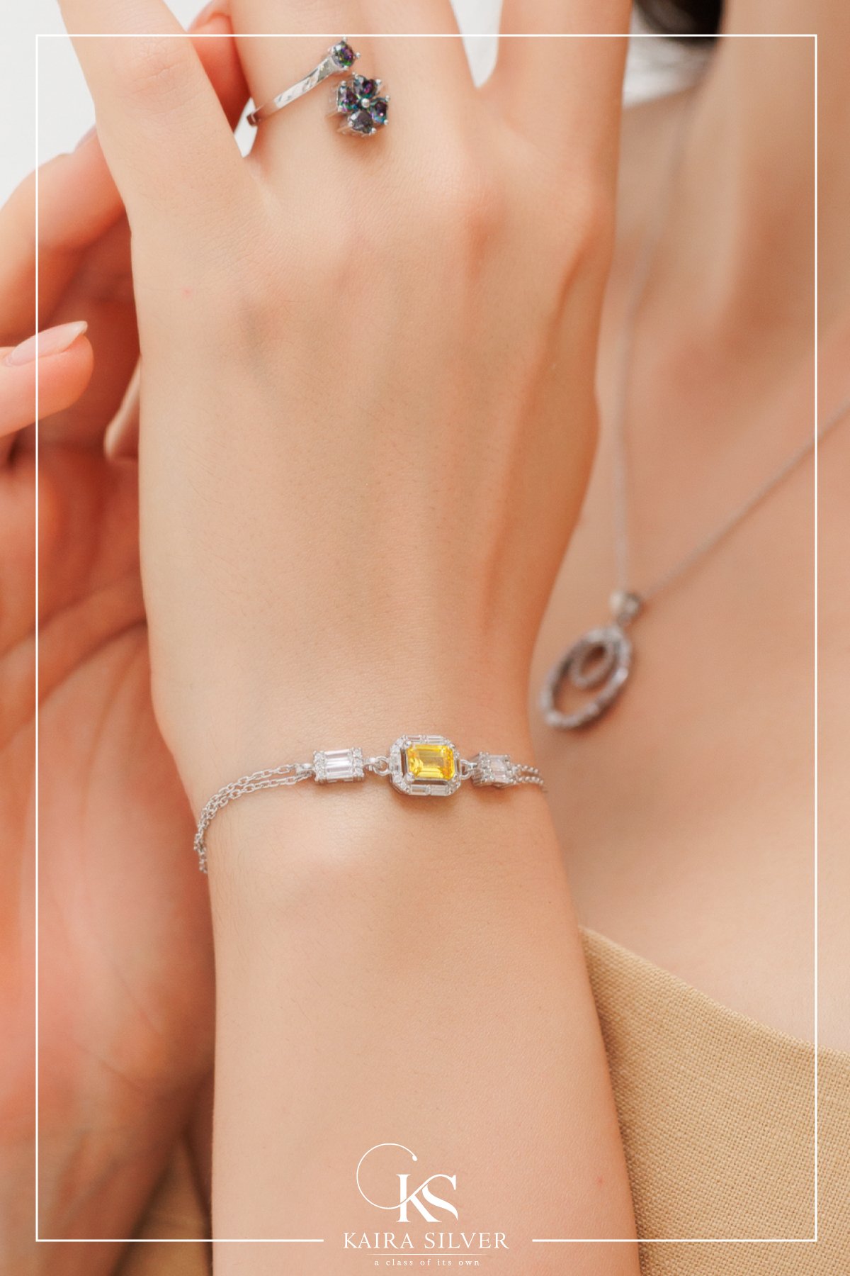 925 Sterling Silver Bracelet with Baguette String Stone and Yellow Stone Bracelet