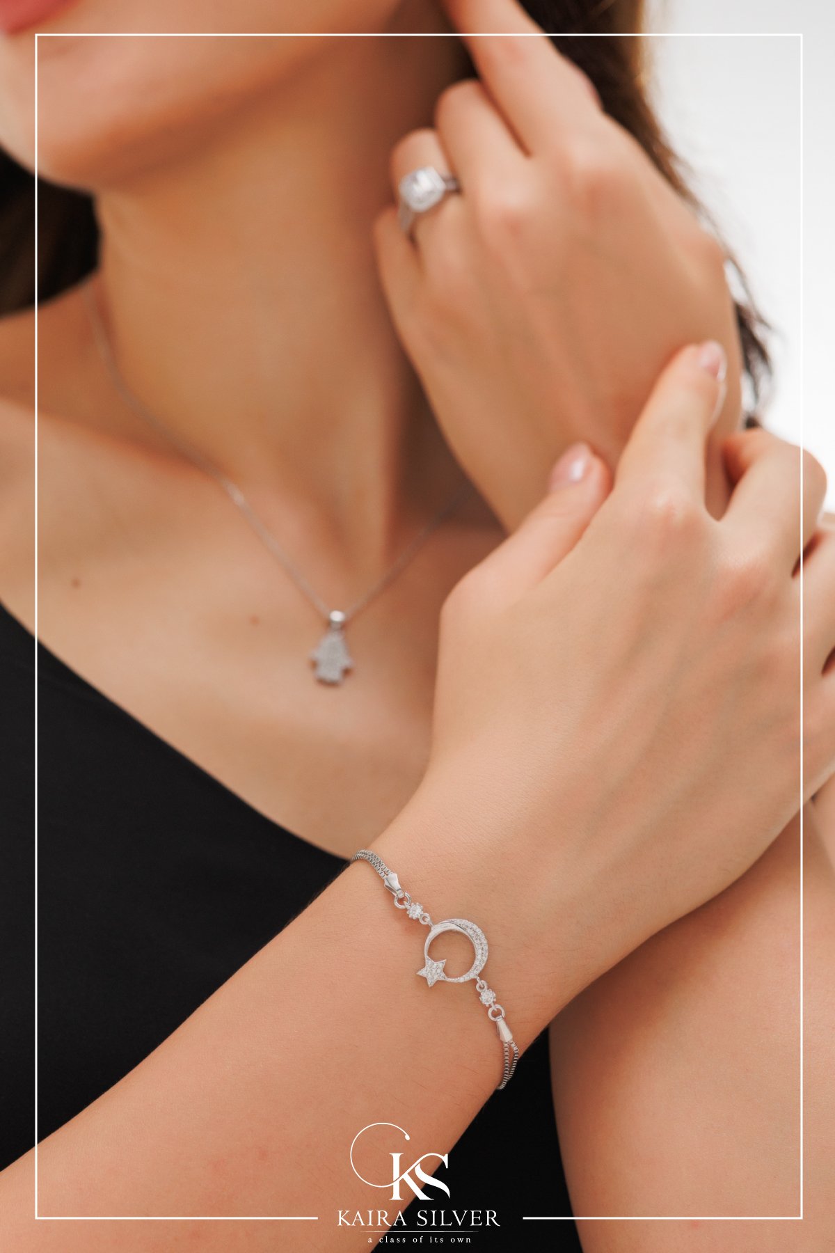 925 Sterling Silver Bracelet with Crescent and Star Stones