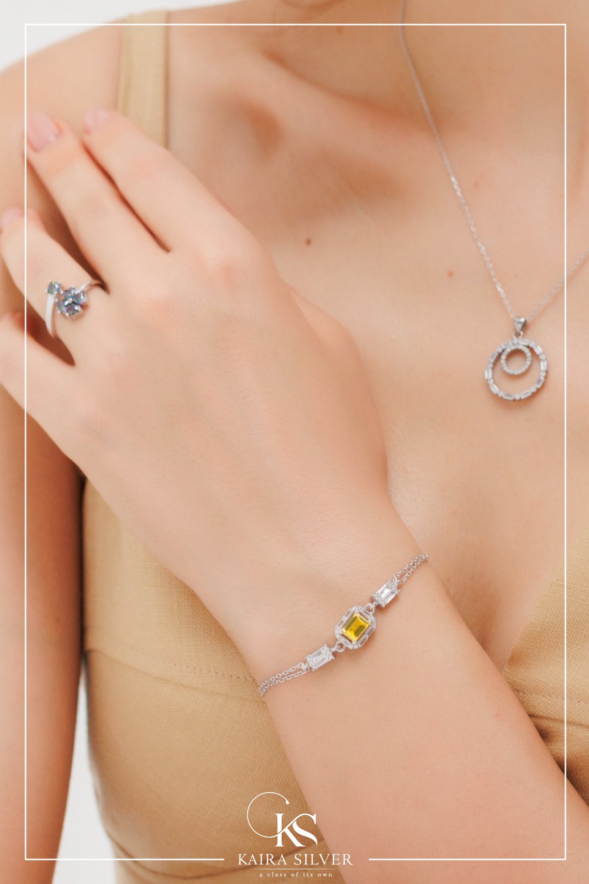 925 Sterling Silver Bracelet with Baguette String Stone and Yellow Stone Bracelet