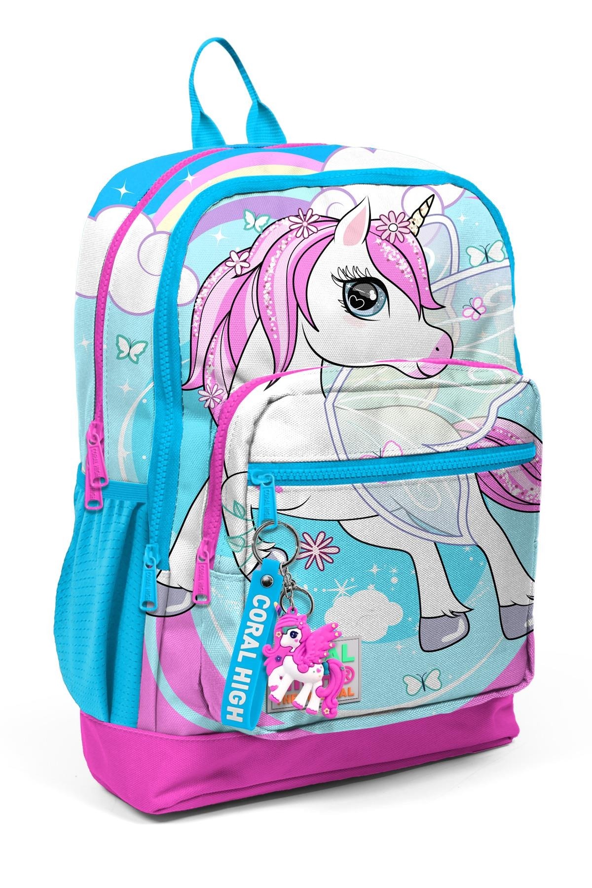 Coral High Kids Mavi Neon Pembe Ünicorn Desenli Dört Bölmeli  Sırt Çantası 23711