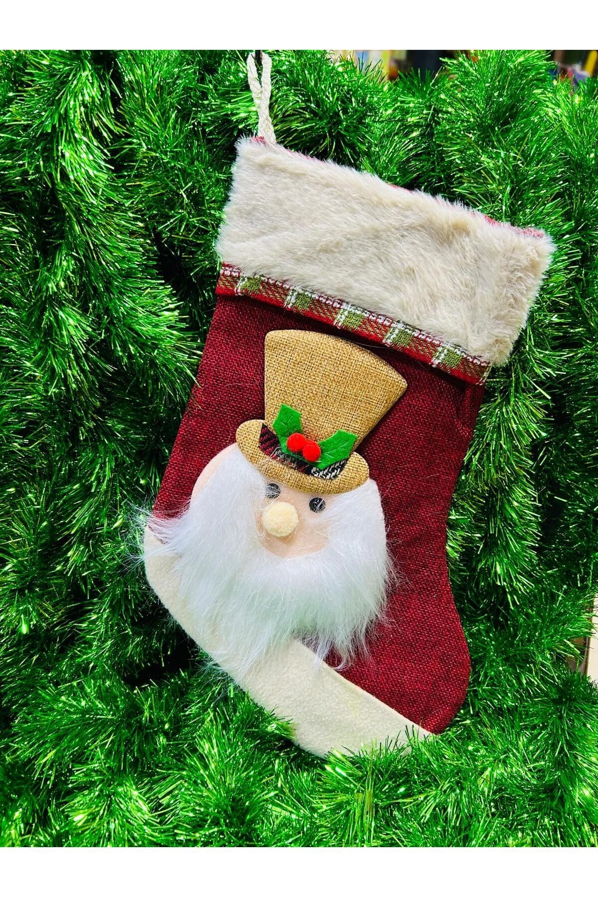 Yılbaşı Süsü  Desenli Çorap Tüy Sakallı Noel Baba Figürlü Kırmızı 33 cm boy 21 cm en