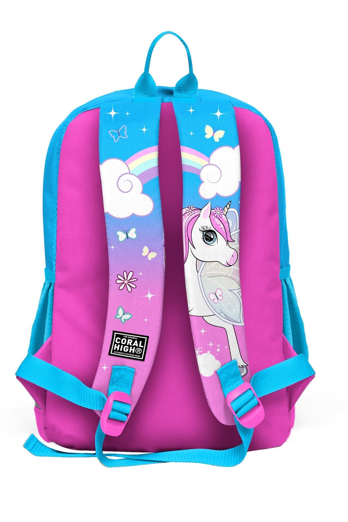 Coral High Kids Mavi Neon Pembe Ünicorn Desenli Dört Bölmeli  Sırt Çantası 23711