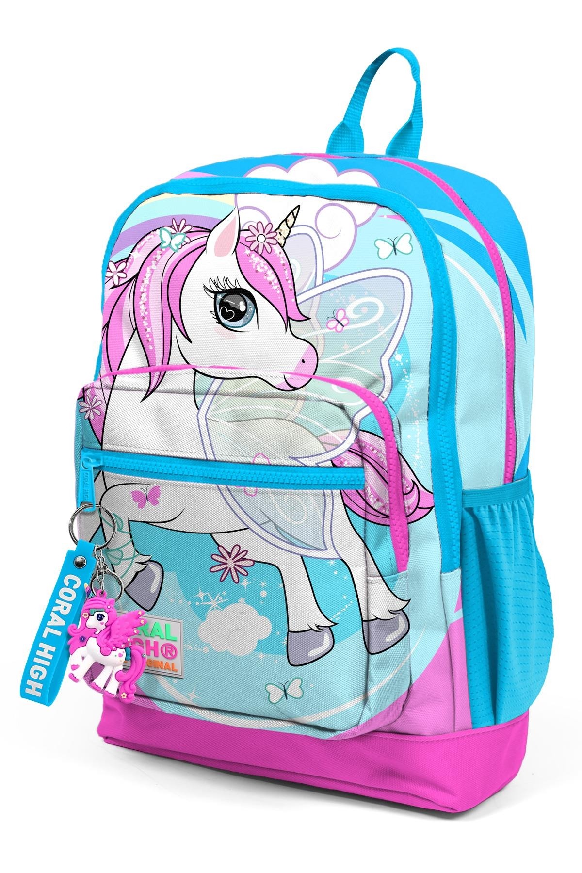 Coral High Kids Mavi Neon Pembe Ünicorn Desenli Dört Bölmeli  Sırt Çantası 23711