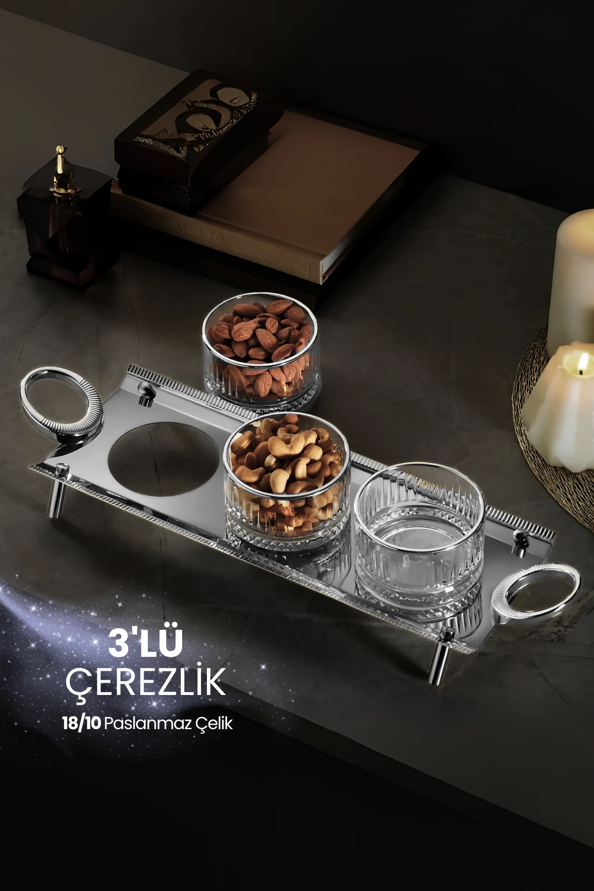 Anes 3'lü Gold Çerezlik Kulplu İkramlık Sunumluk 18/10 Paslanmaz Çelik Elysia Kase İkramlık Reçellik - Gümüş