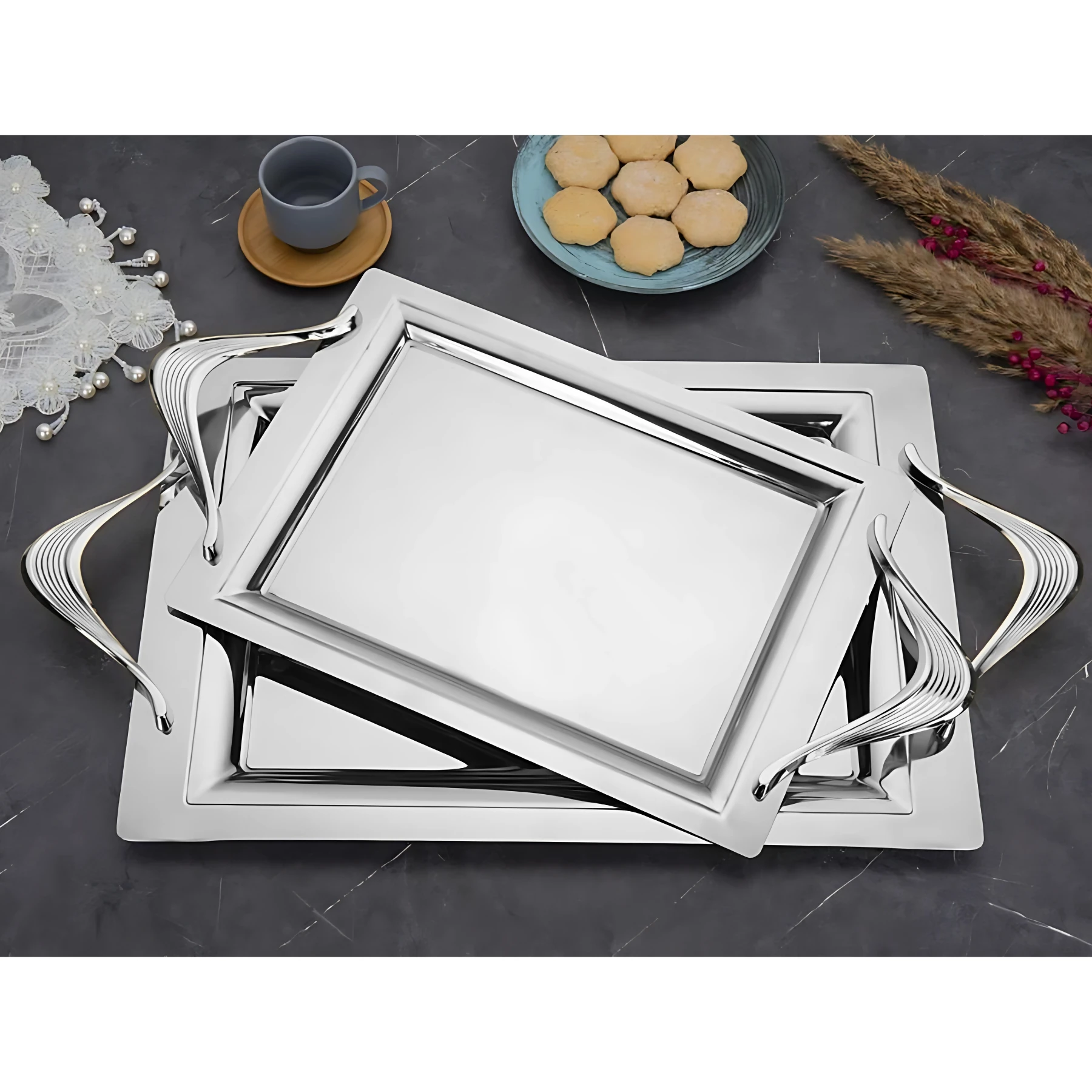 Özburak Mercan 2'li İkramlık Sunumluk Servis Ve Çay Tepsisi - Vera