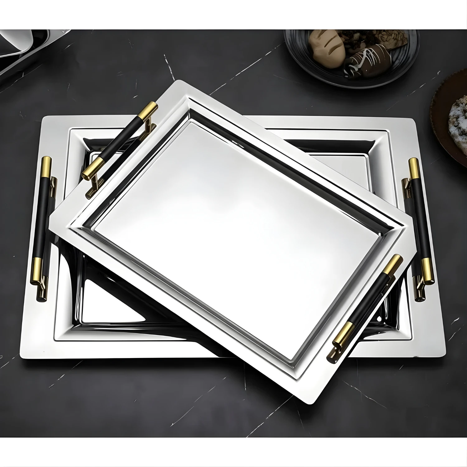 Özburak Mercan 2'li İkramlık Sunumluk Servis Ve Çay Tepsisi - Silver Black