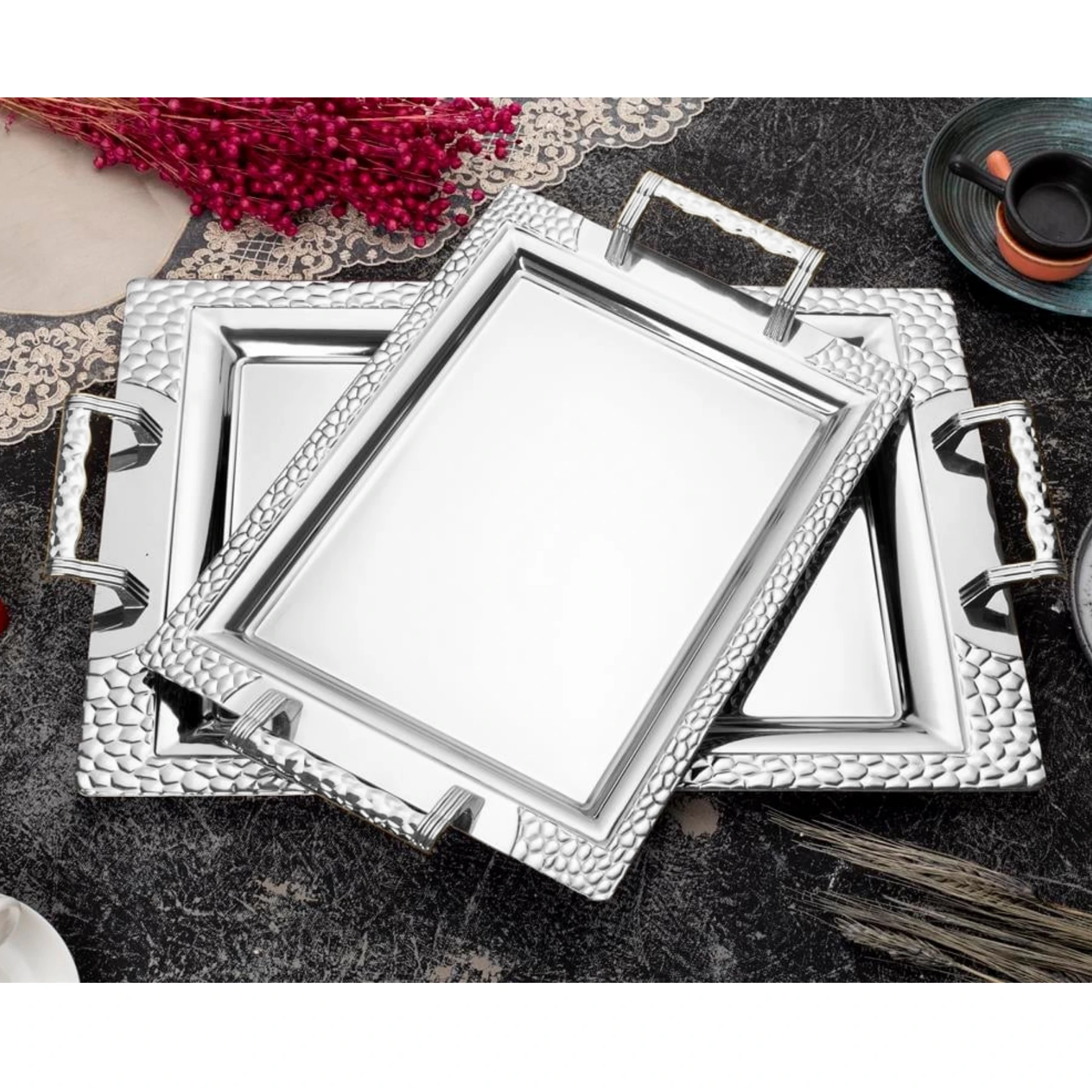 Özburak Mercan 2'li İkramlık Sunumluk Servis Ve Çay Tepsisi - Petek