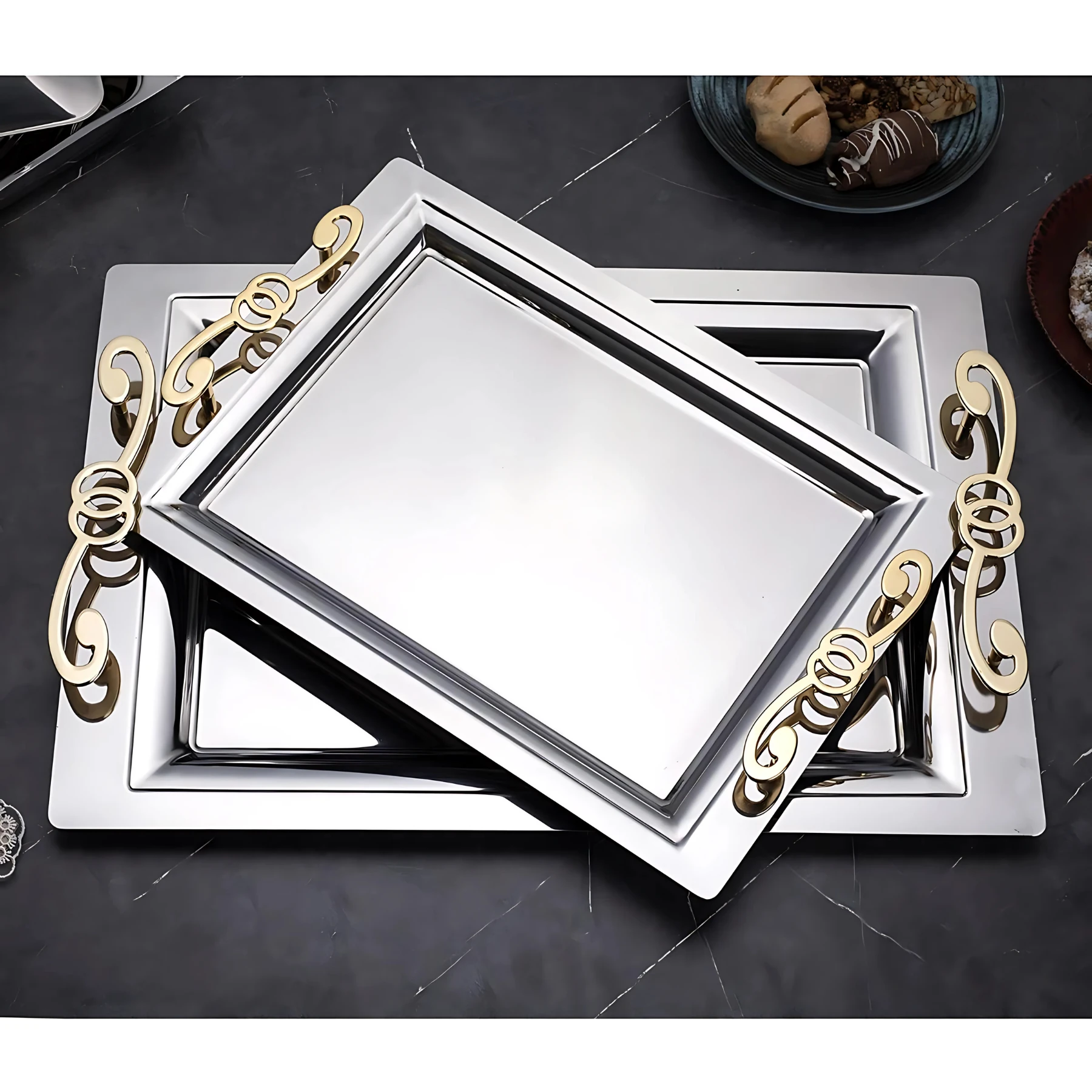 Özburak Mercan 2'li İkramlık Sunumluk Servis Ve Çay Tepsisi - Şahmeran Gold