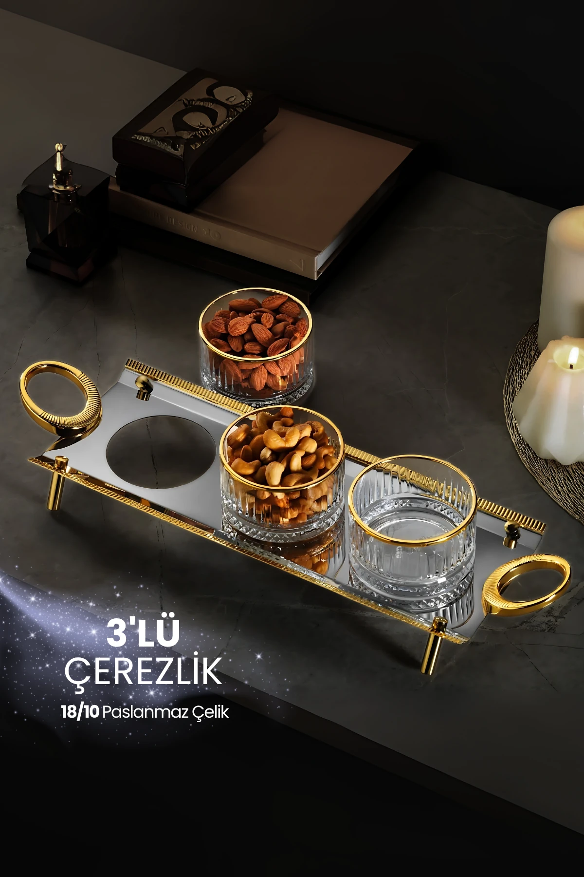 Anes 3'lü Gold Çerezlik Kulplu İkramlık Sunumluk 18/10 Paslanmaz Çelik Elysia Kase İkramlık Reçellik - Gold