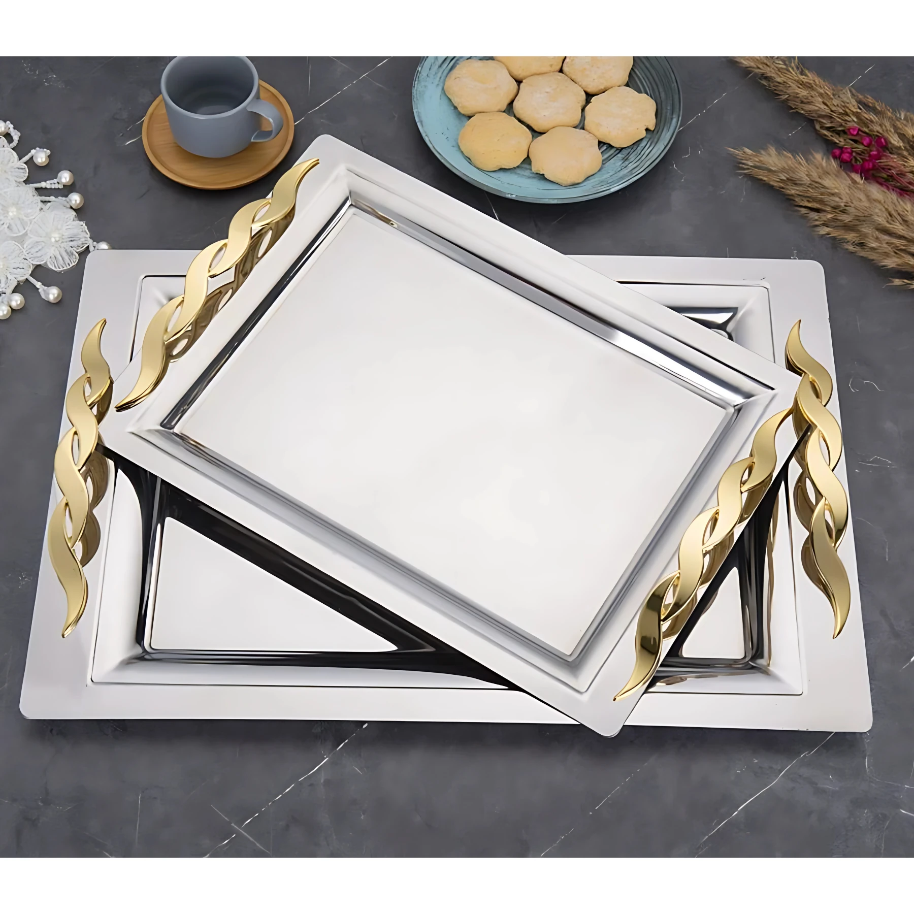 Özburak Mercan 2'li İkramlık Sunumluk Servis Ve Çay Tepsisi - Sırma Gold