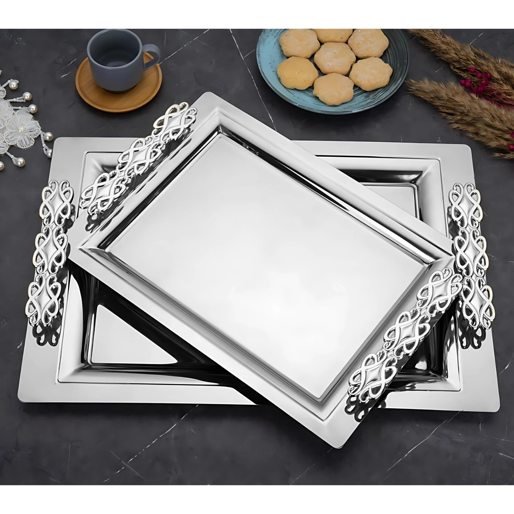 Özburak Mercan 2'li İkramlık Sunumluk Servis Ve Çay Tepsisi - Perla