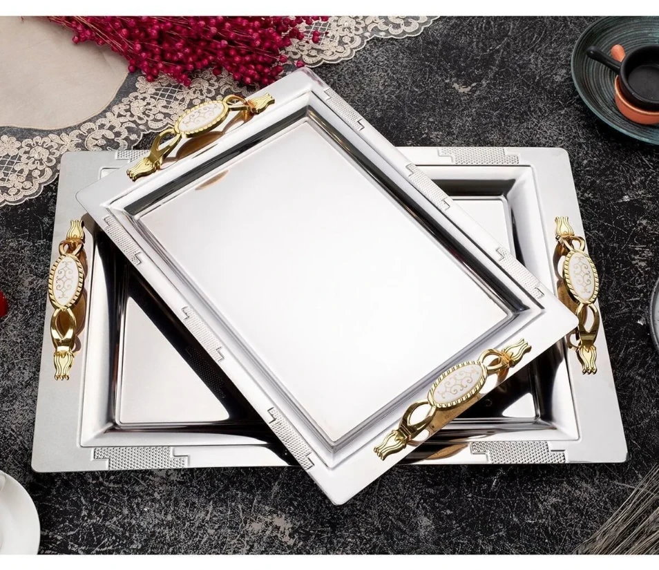 Özburak Mercan 2'li İkramlık Sunumluk Servis Ve Çay Tepsisi - Armoni Gold