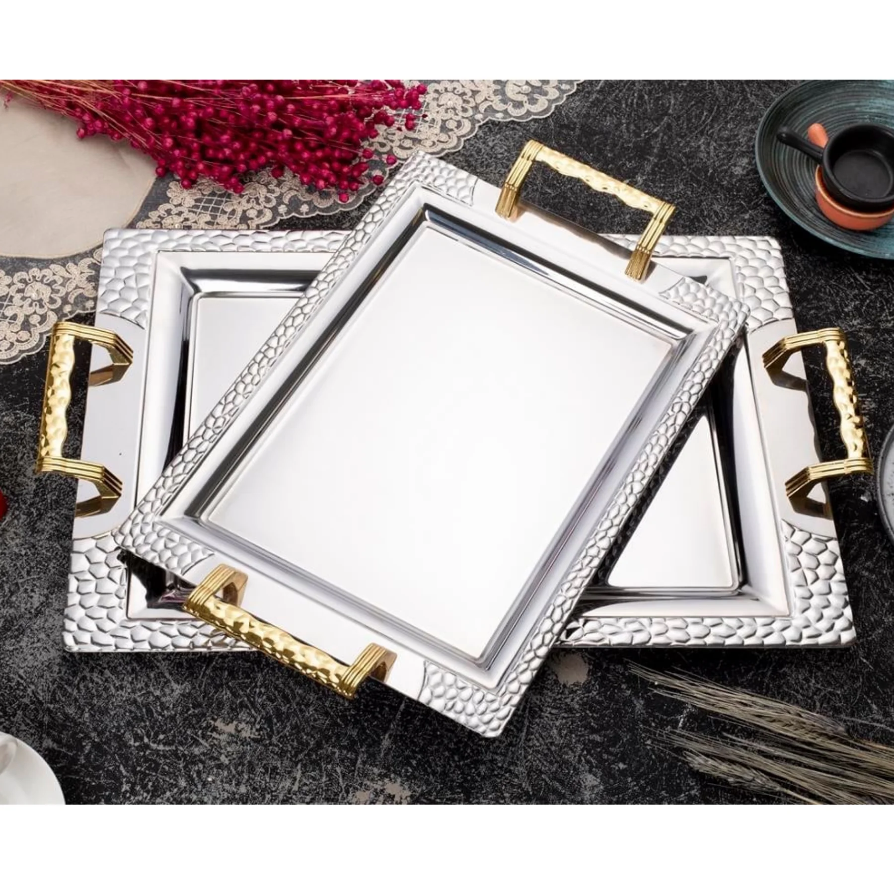 Özburak Mercan 2'li İkramlık Sunumluk Servis Ve Çay Tepsisi - Petek Gold