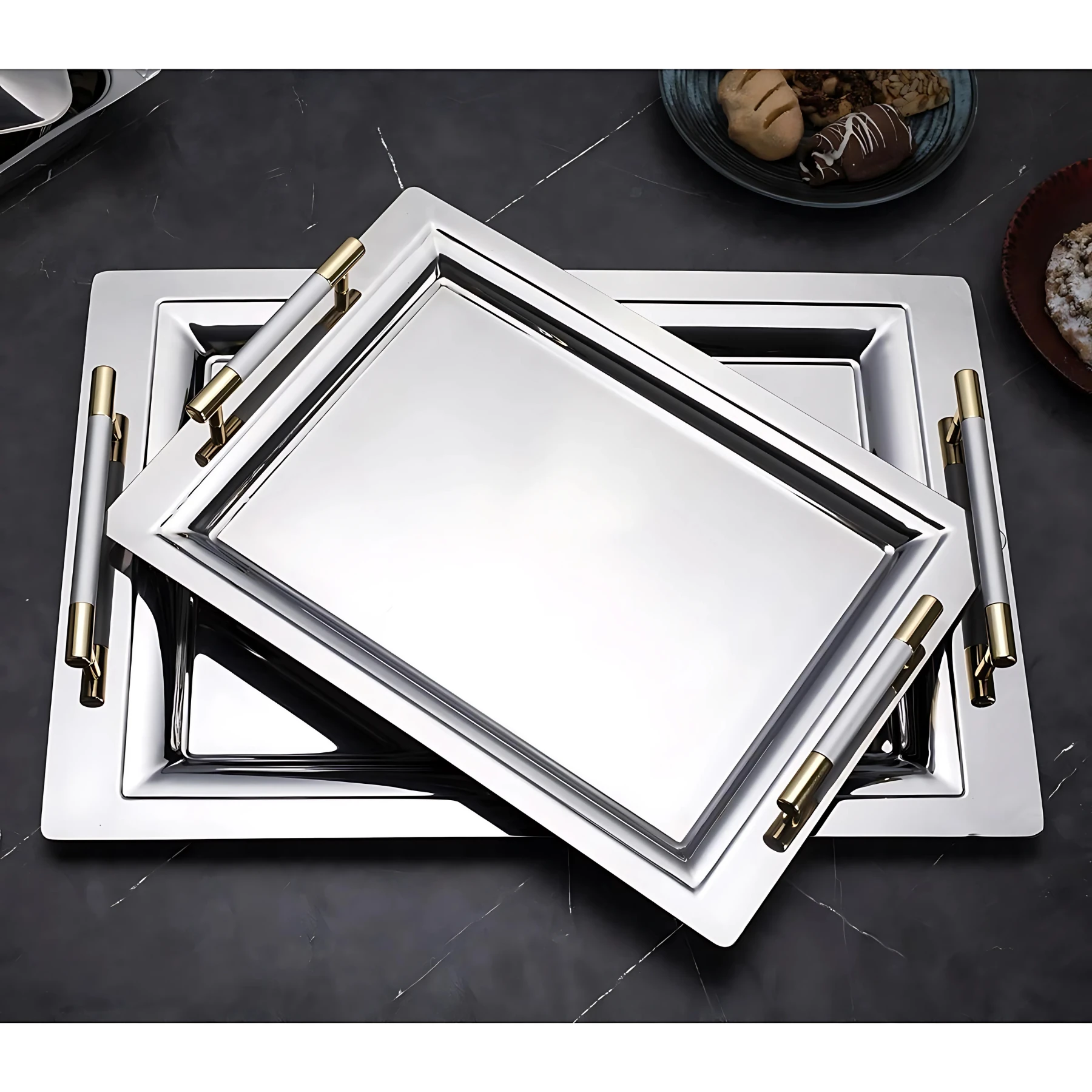 Özburak Mercan 2'li İkramlık Sunumluk Servis Ve Çay Tepsisi - Silver