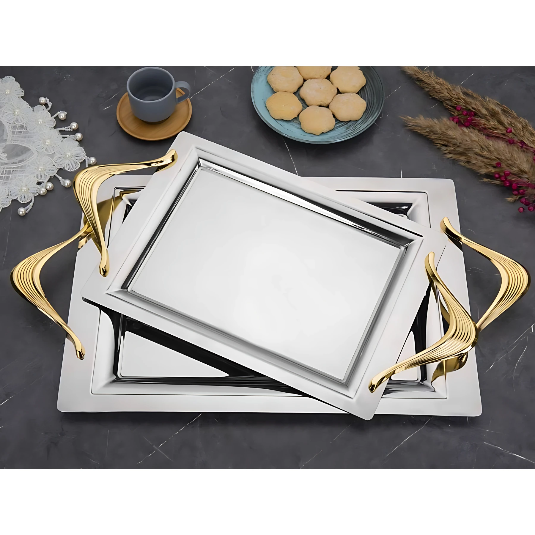 Özburak Mercan 2'li İkramlık Sunumluk Servis Ve Çay Tepsisi - Vera Gold