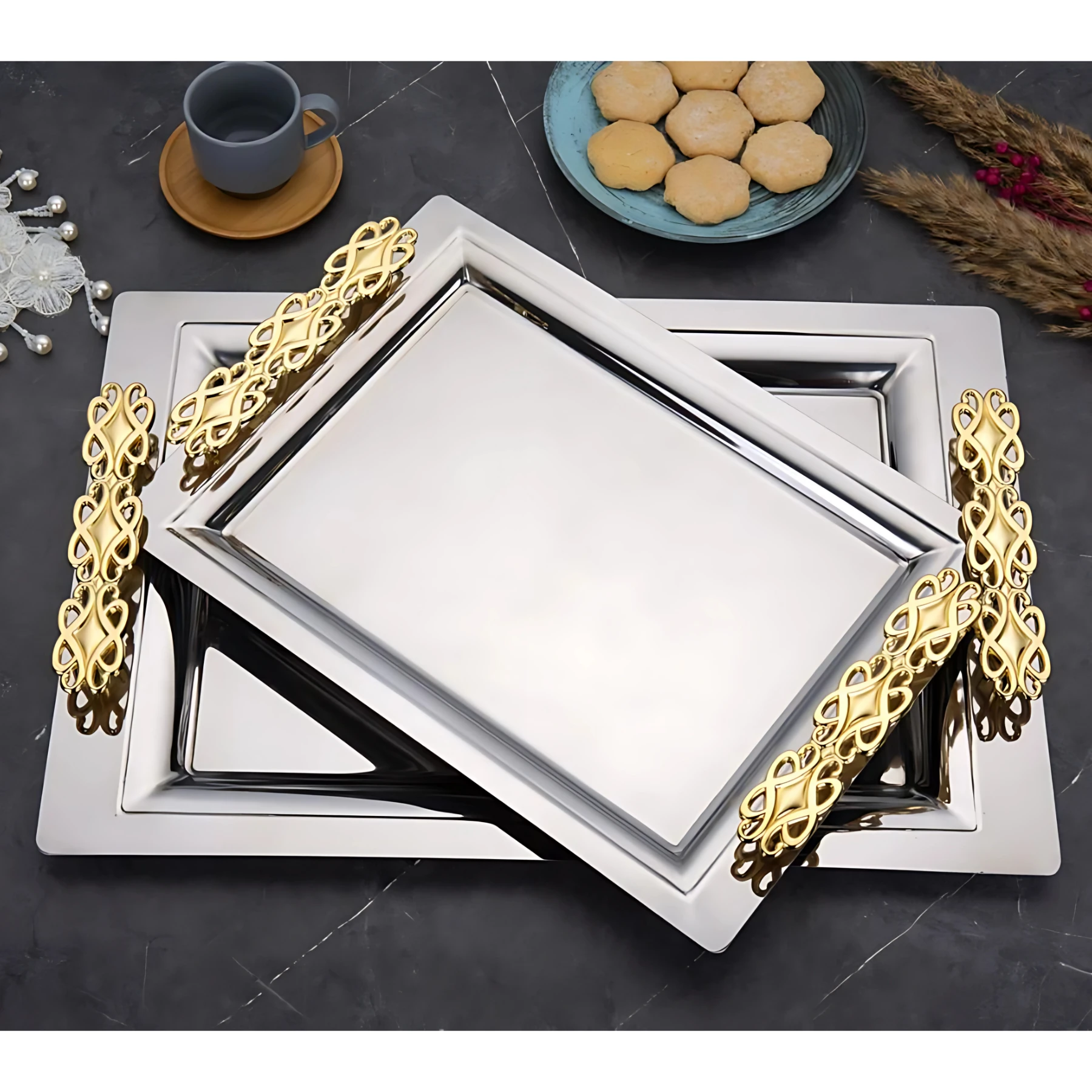 Özburak Mercan 2'li İkramlık Sunumluk Servis Ve Çay Tepsisi - Perla Gold