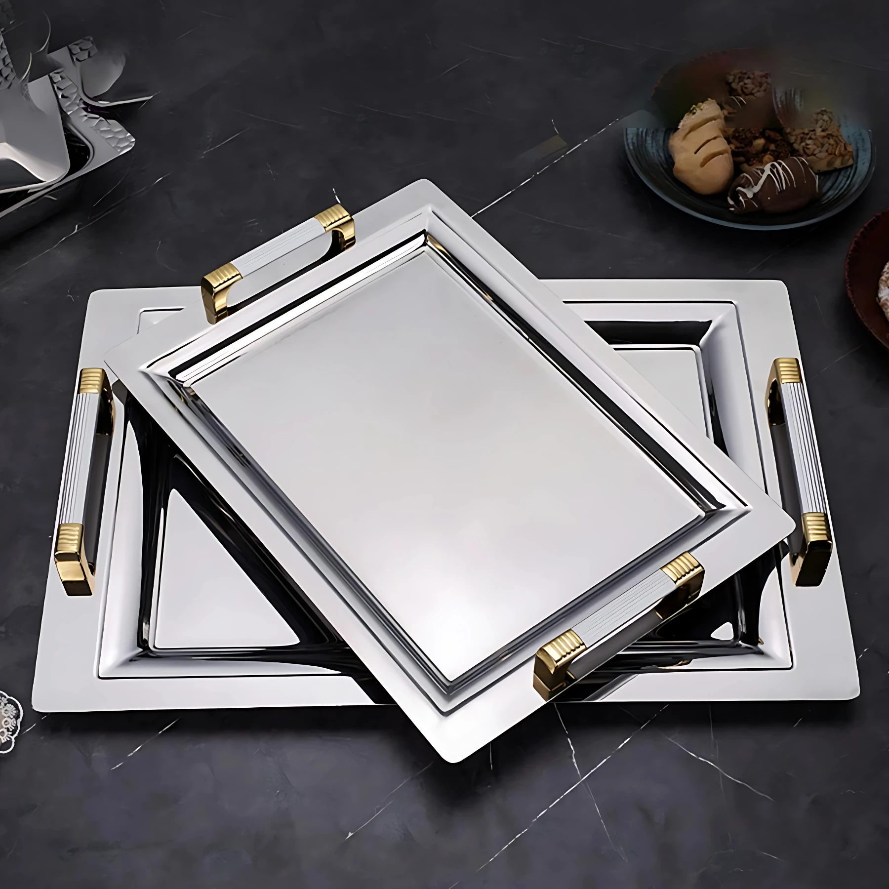 Özburak Mercan 2'li İkramlık Sunumluk Servis Ve Çay Tepsisi - Dore