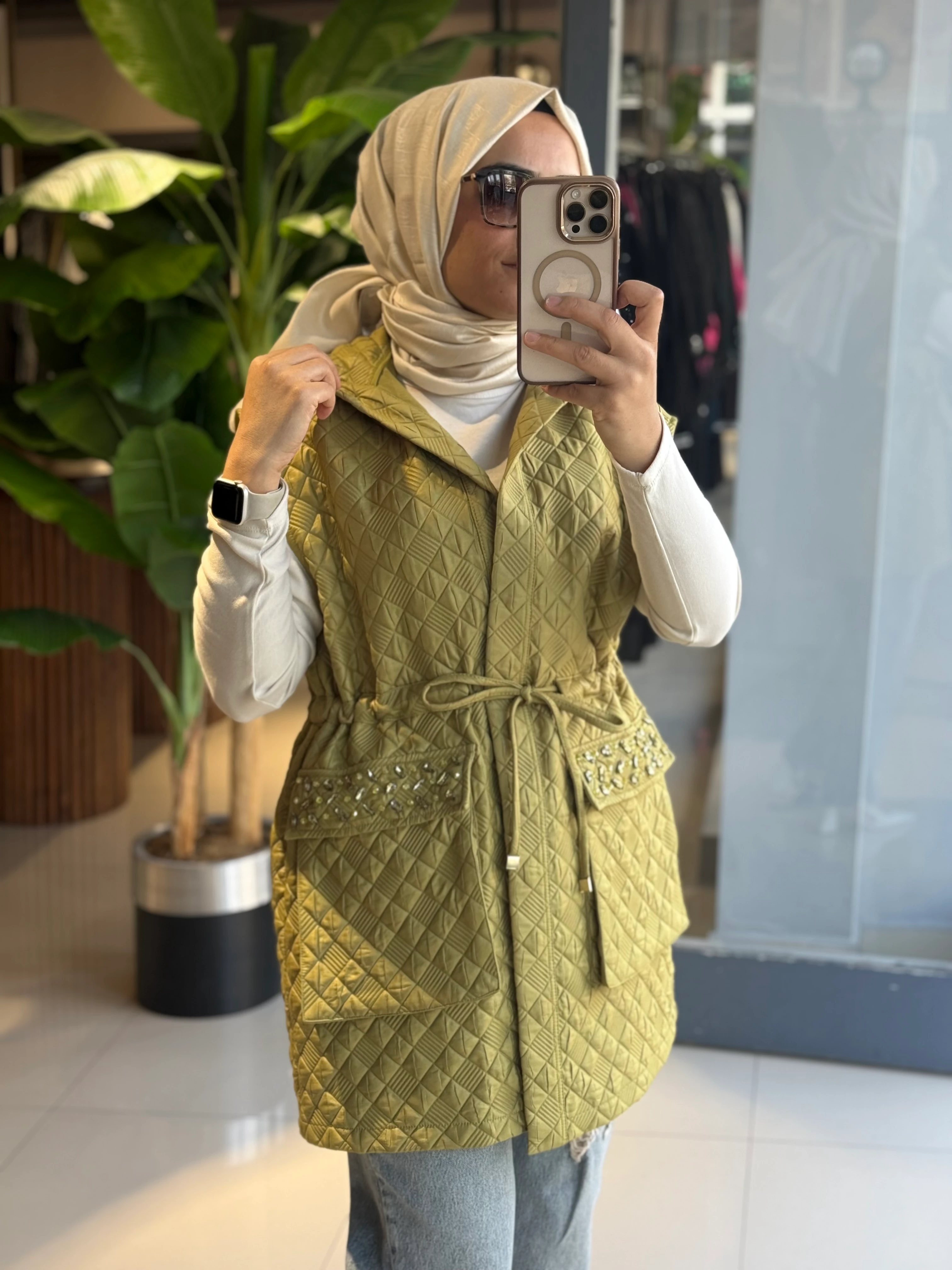 Nuss Kapitone Yağ Yeşili Yelek