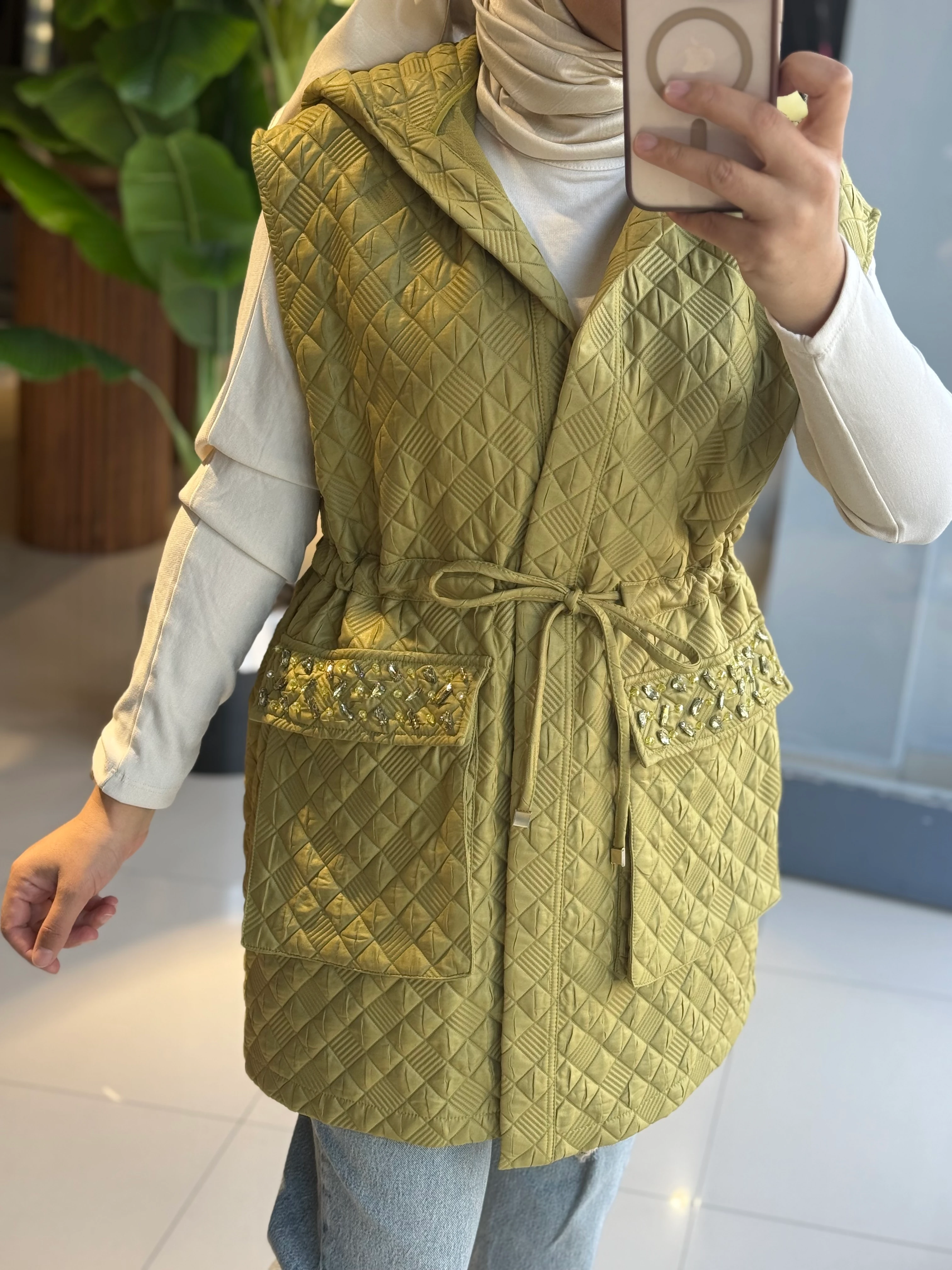 Nuss Kapitone Yağ Yeşili Yelek