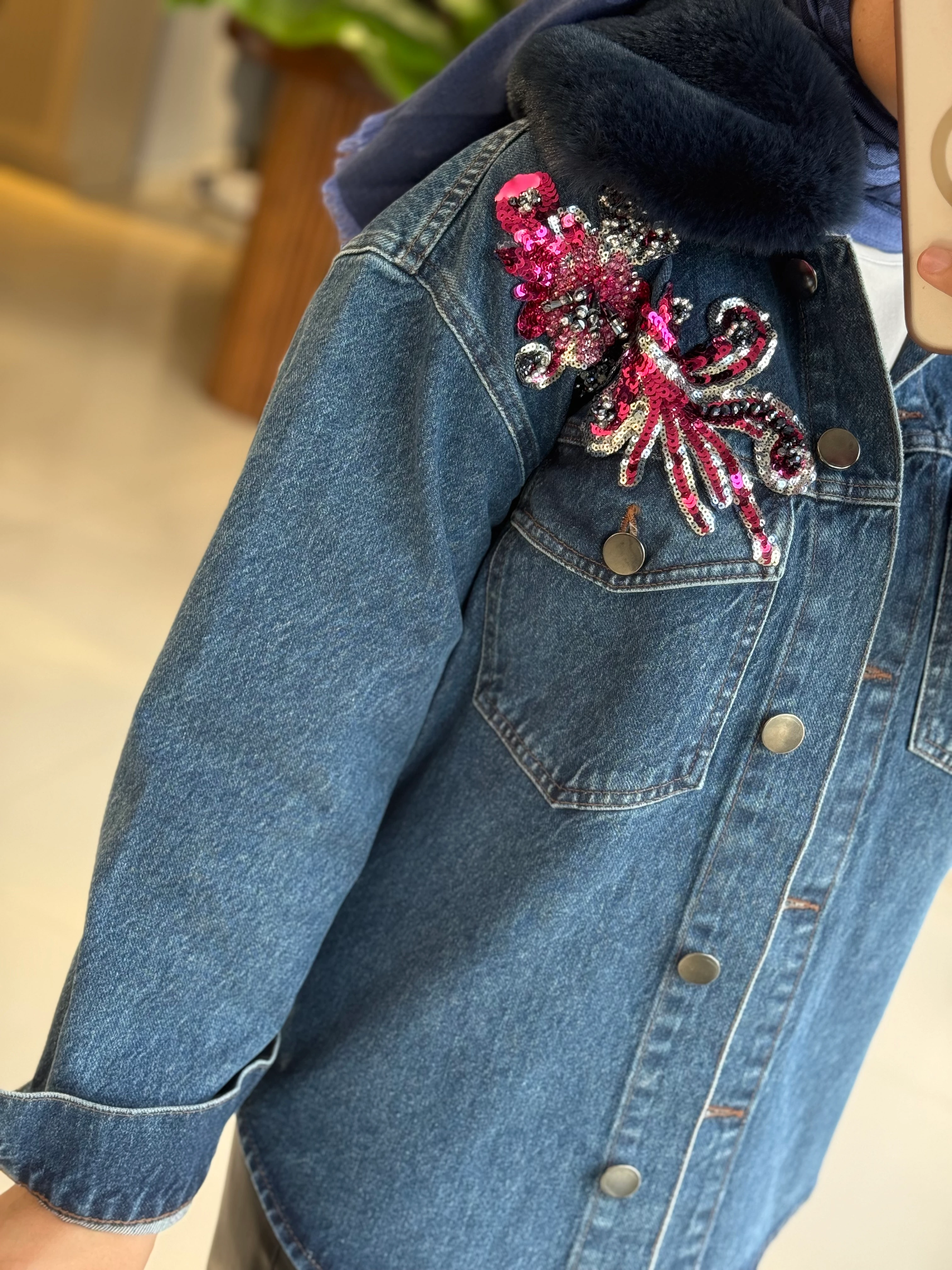 Missemramiss Kürklü İşlemeli Denim Ceket