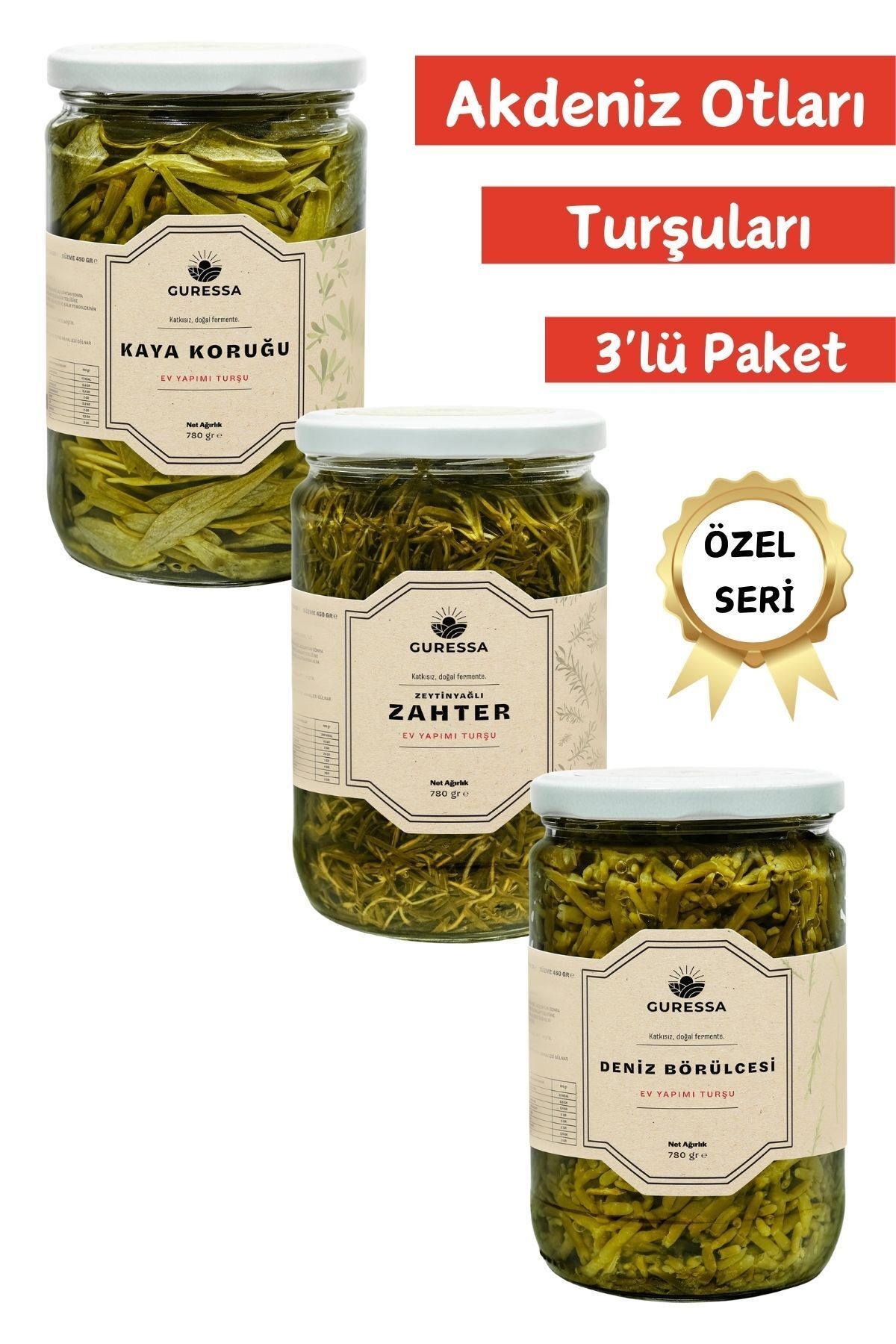 Akdeniz Otları Turşuları Deniz Börülcesi Kaya Koruğu Zeytinyağlı Zahter 780 Gr 3'lü Avantaj Paketi