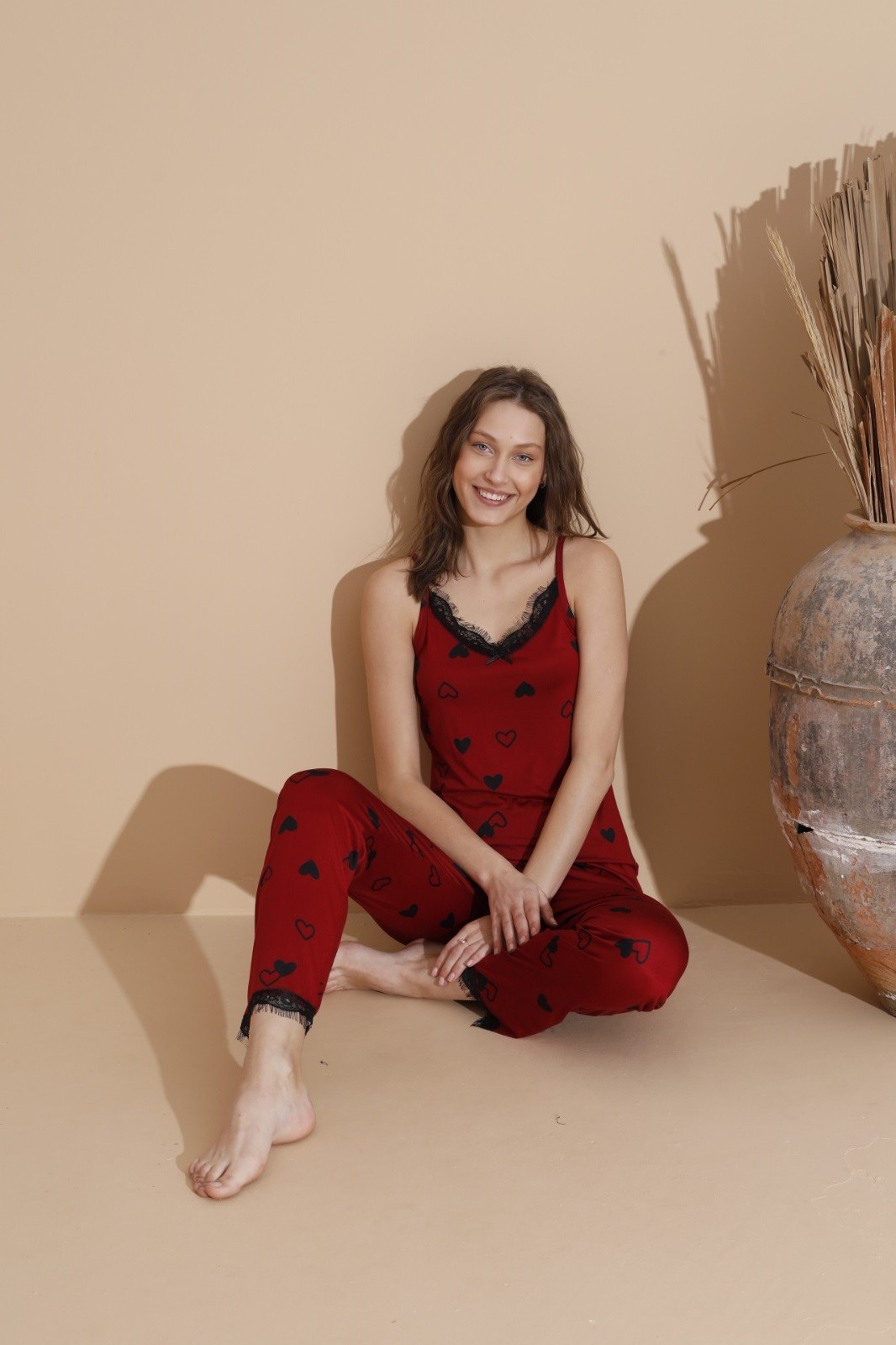 Kadın Milan Kumaş İp Askılı Pijama Takımı - Kırmızı