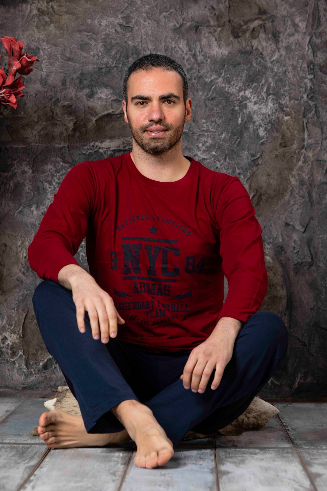 Erkek Cepli Baskılı Uzun Kollu Örme Pijama Takımı - Bordo