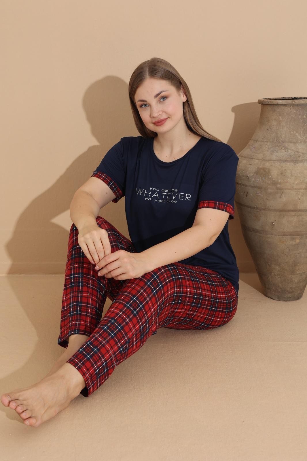Kadın Büyük Beden Baskılı Desenli Kısa Kollu Milan Kumaş Pijama Takımı - Temporium - Lacivert-2