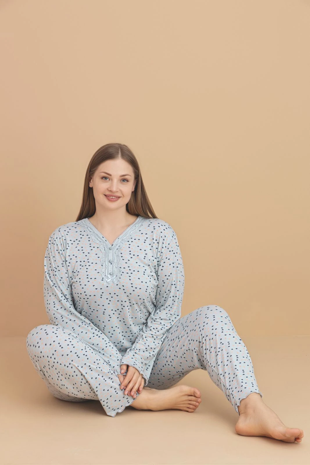 Kadın Büyük Beden Desenli Yakası Düğmeli Uzun Kollu Bambu Pijama Takımı