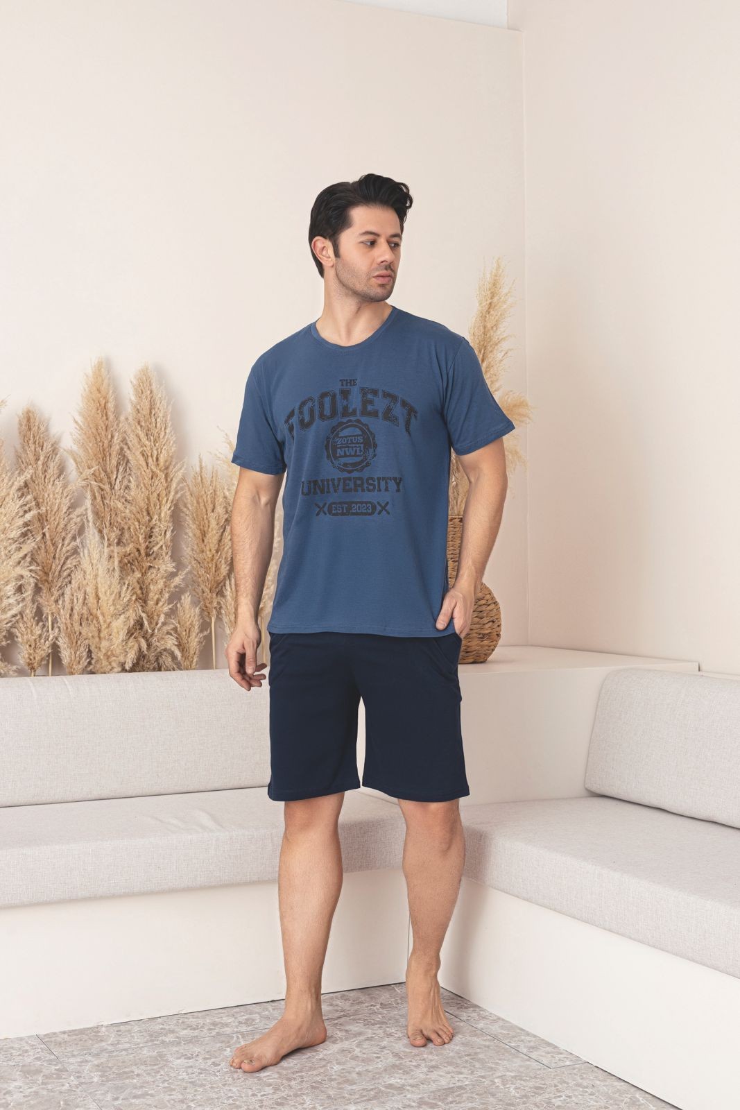 Erkek Baskılı Kısa Kollu Şortlu Pijama Takımı - Lacivert