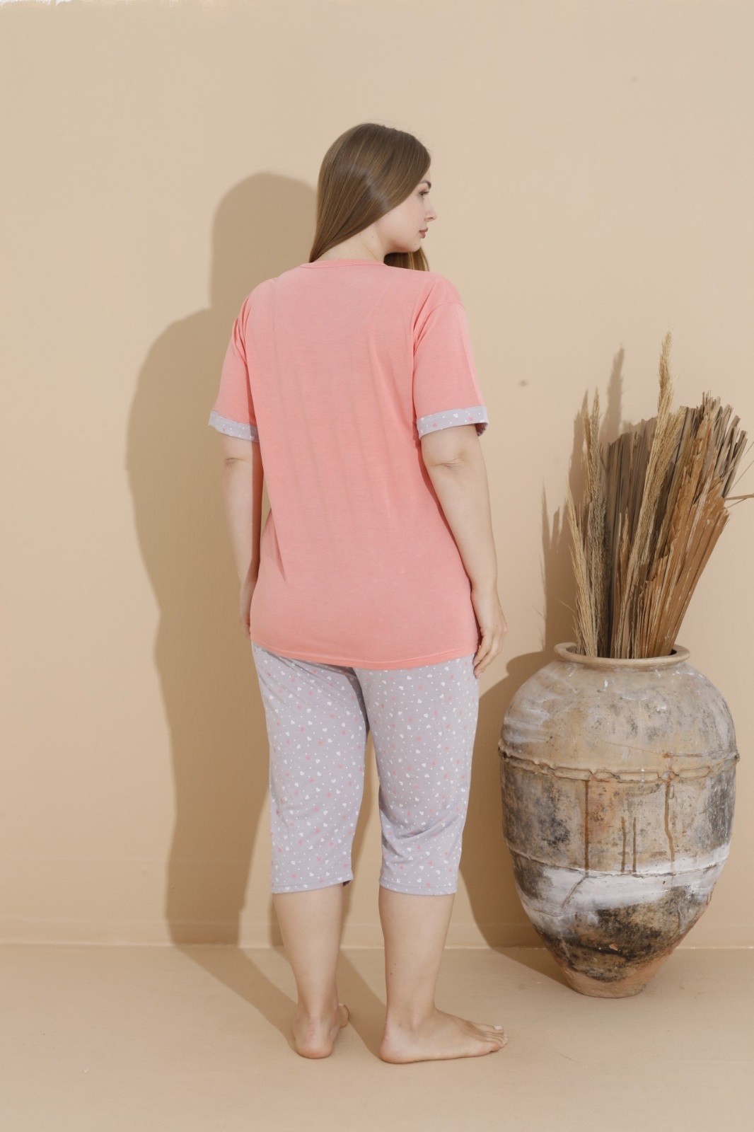 Kadın Büyük Beden Baskılı Desenli Kısa Kollu Kaprili Viskon Pijama Takımı