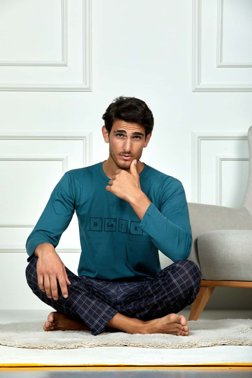 Erkek Cepli Baskılı Uzun Kollu Örme Pijama Takımı - İndigo