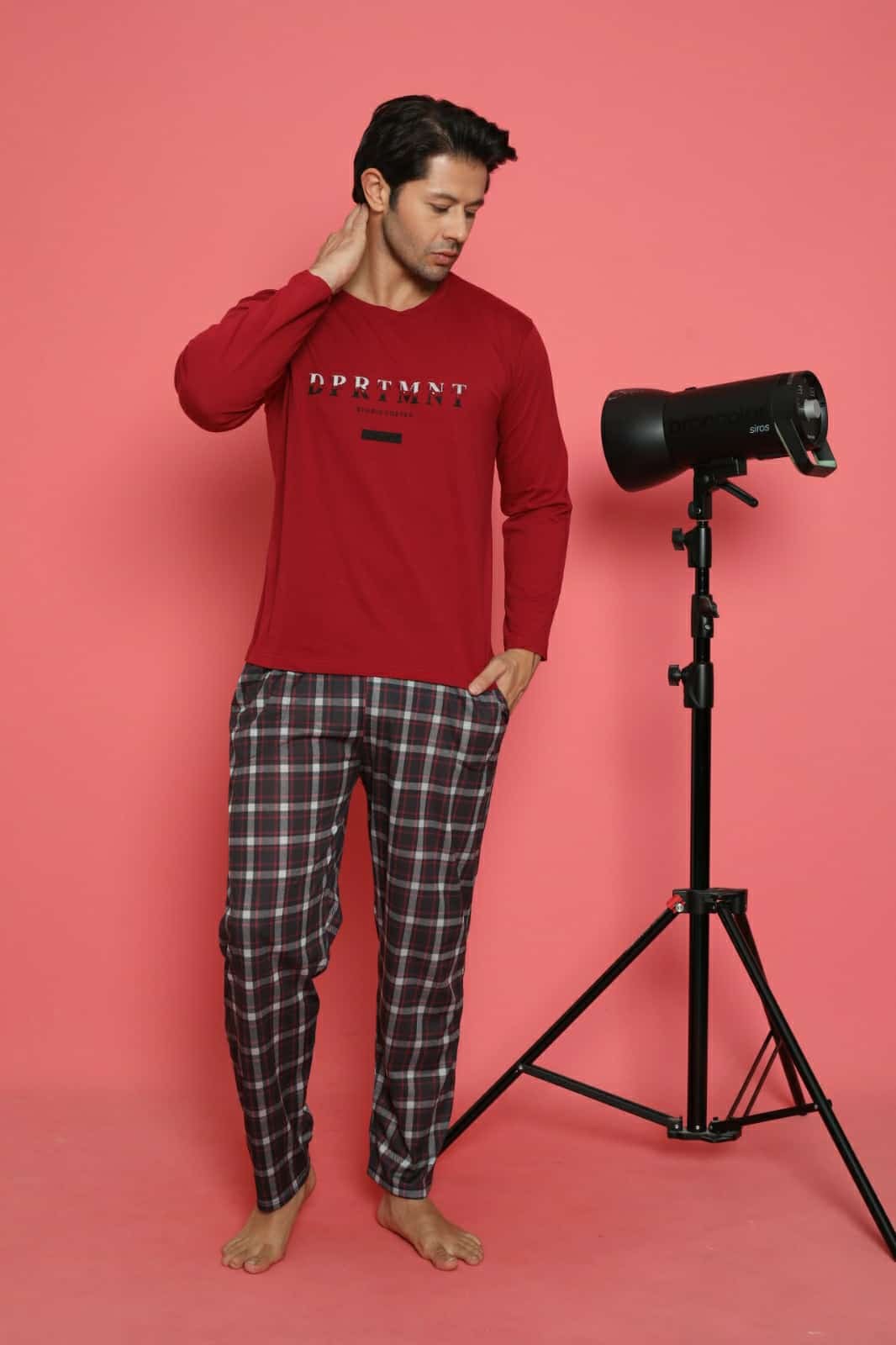 Erkek Cepli Baskılı Uzun Kollu Örme Pijama Takımı - Bordo-2