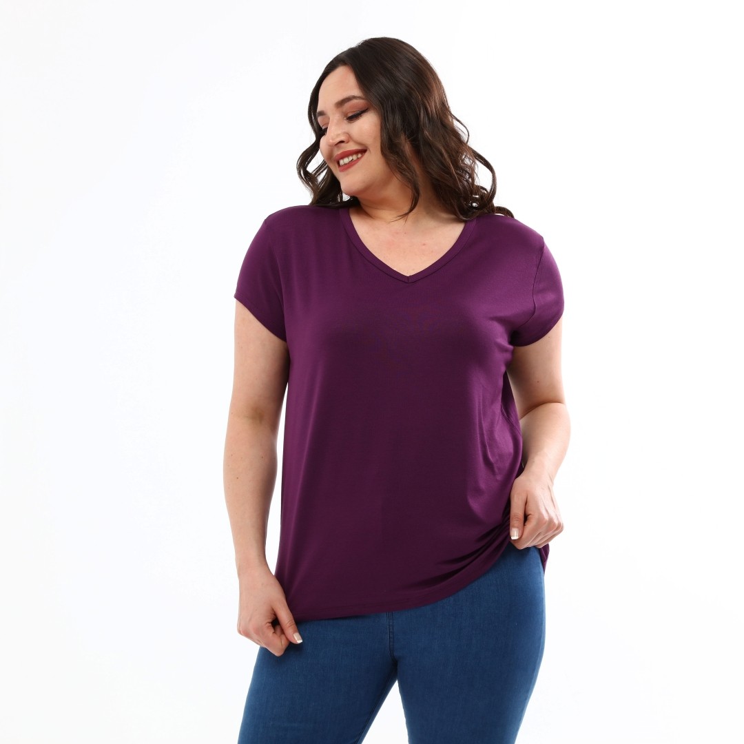 Kadın Büyük Beden V Yaka Basic Viskon T-Shirt - Temporium - Mürdüm
