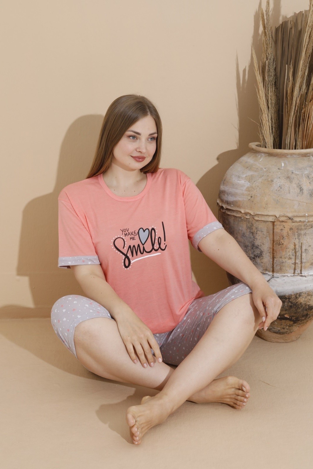 Kadın Büyük Beden Baskılı Desenli Kısa Kollu Kaprili Viskon Pijama Takımı
