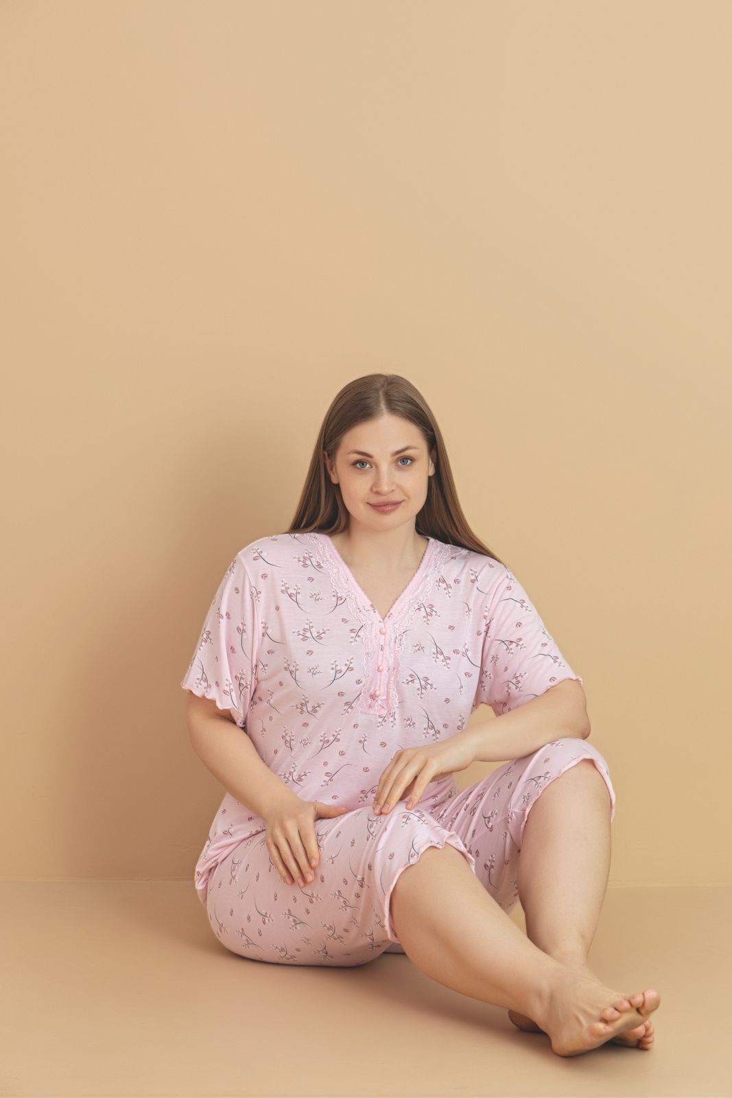 Kadın Büyük Beden Kısa Kollu Kapri Bambu Pijama Takımı - Pembe