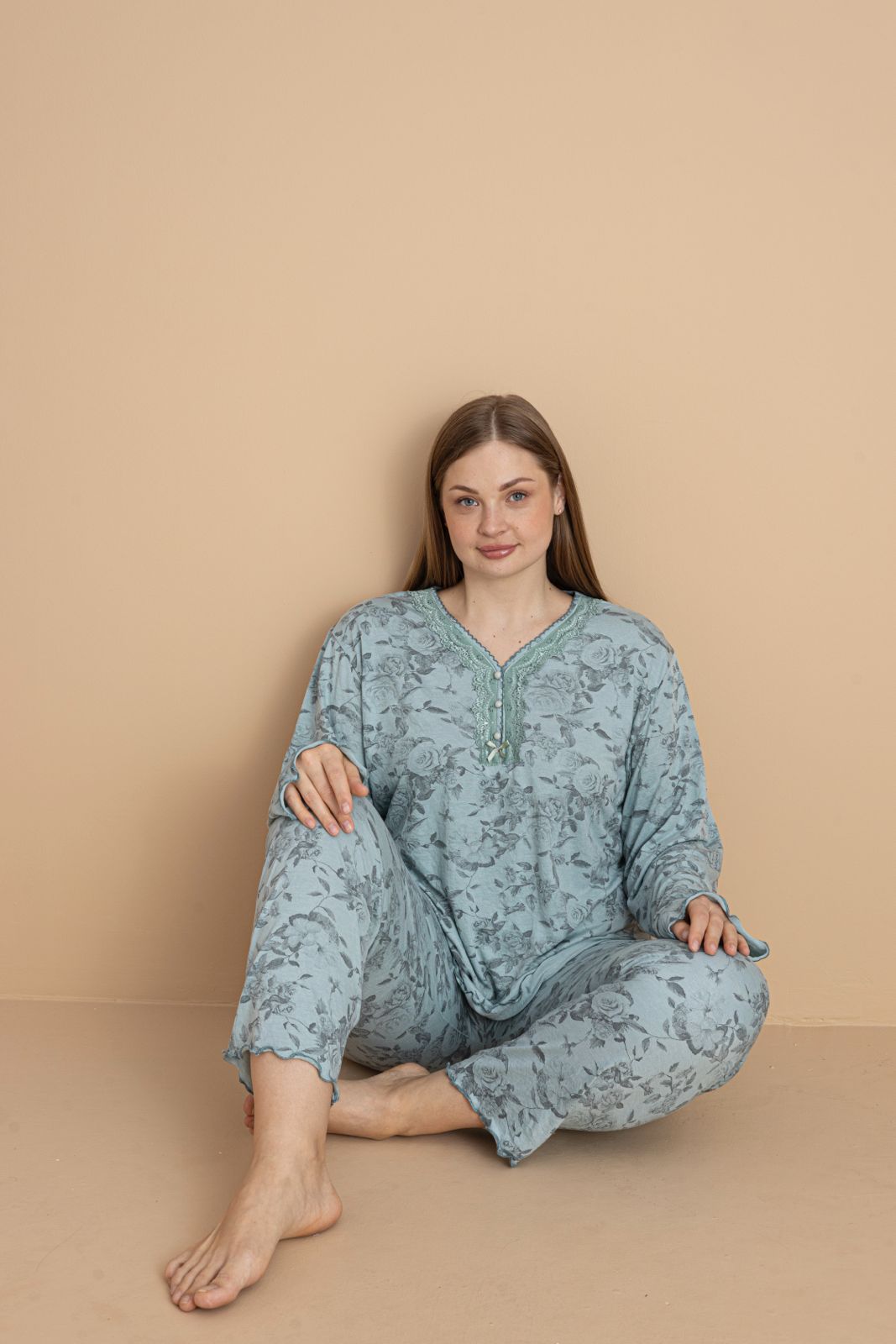 Kadın Büyük Beden Desenli Yakası Düğmeli Uzun Kollu Bambu Pijama Takımı - Açık Mavi